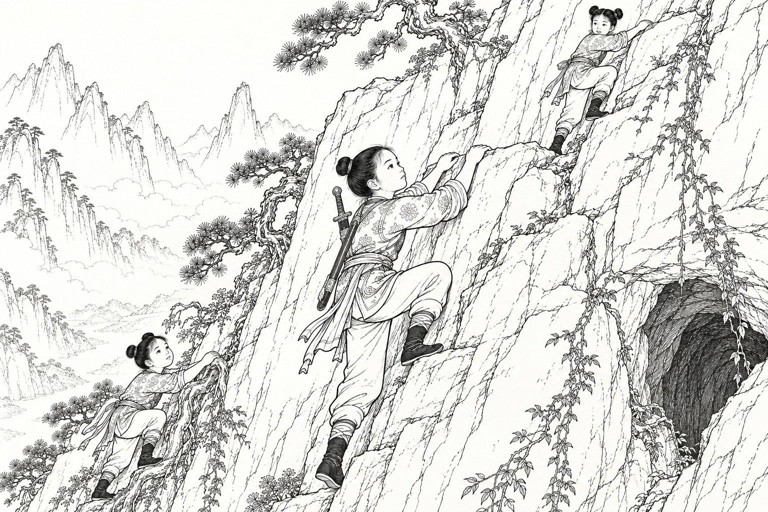 A line drawing in the manner of a late-Qing lithographed edition: three girls of about ten climb a sheer cliff beside a mountain valley, quick and sure-footed; the girl in the middle, Nie Yinniang, grips a ledge with both hands, a sword in its scabbard slung across her back, while the other two climb above and below her.