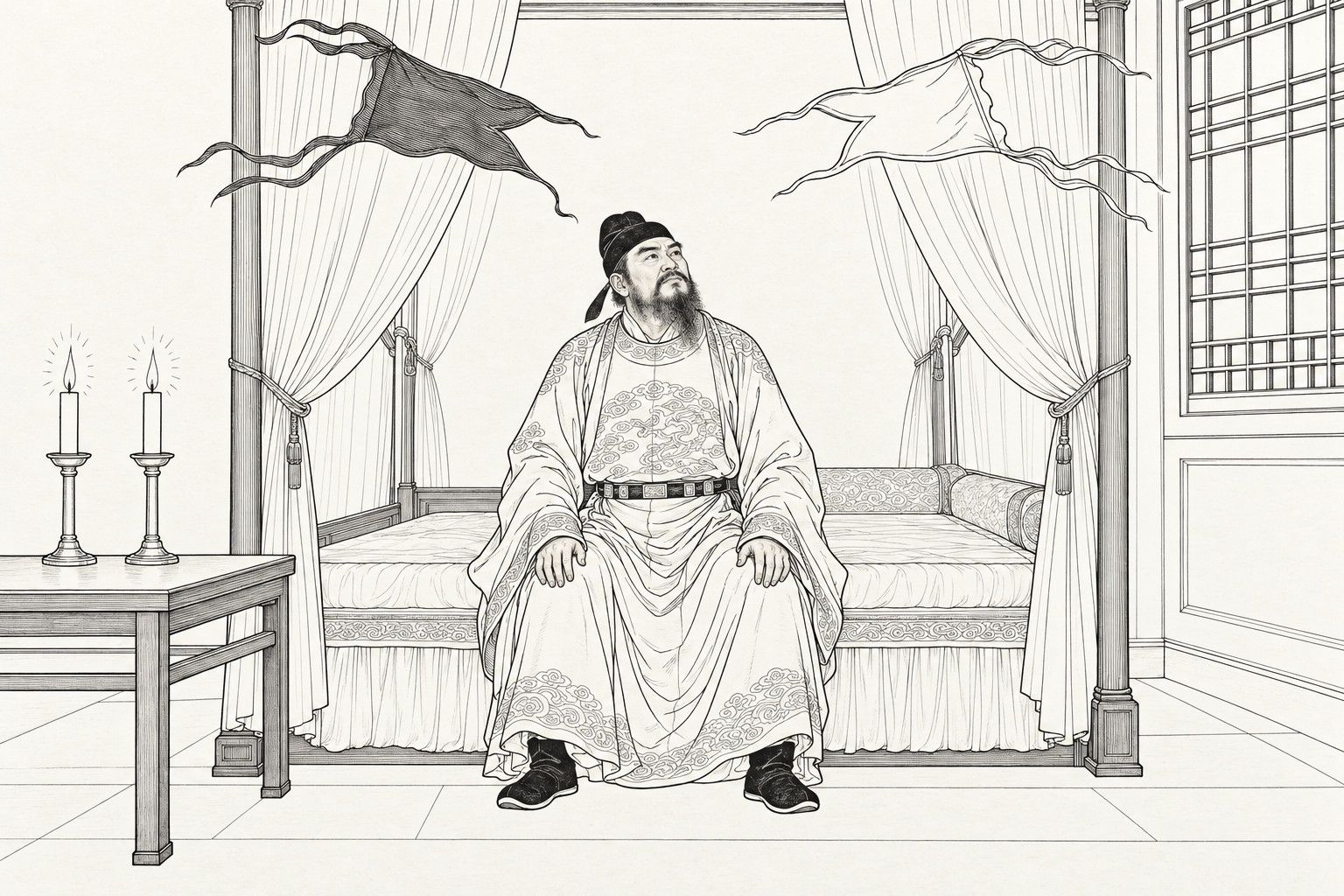 A line drawing in the manner of a late-Qing lithographed edition: at night in a curtained bedchamber, a bearded governor sits calmly on the edge of his bed with his hands on his knees and looks up without fear at two small pennants, one dark and one pale, that float in the air above the bed and dart at each other as if fighting.