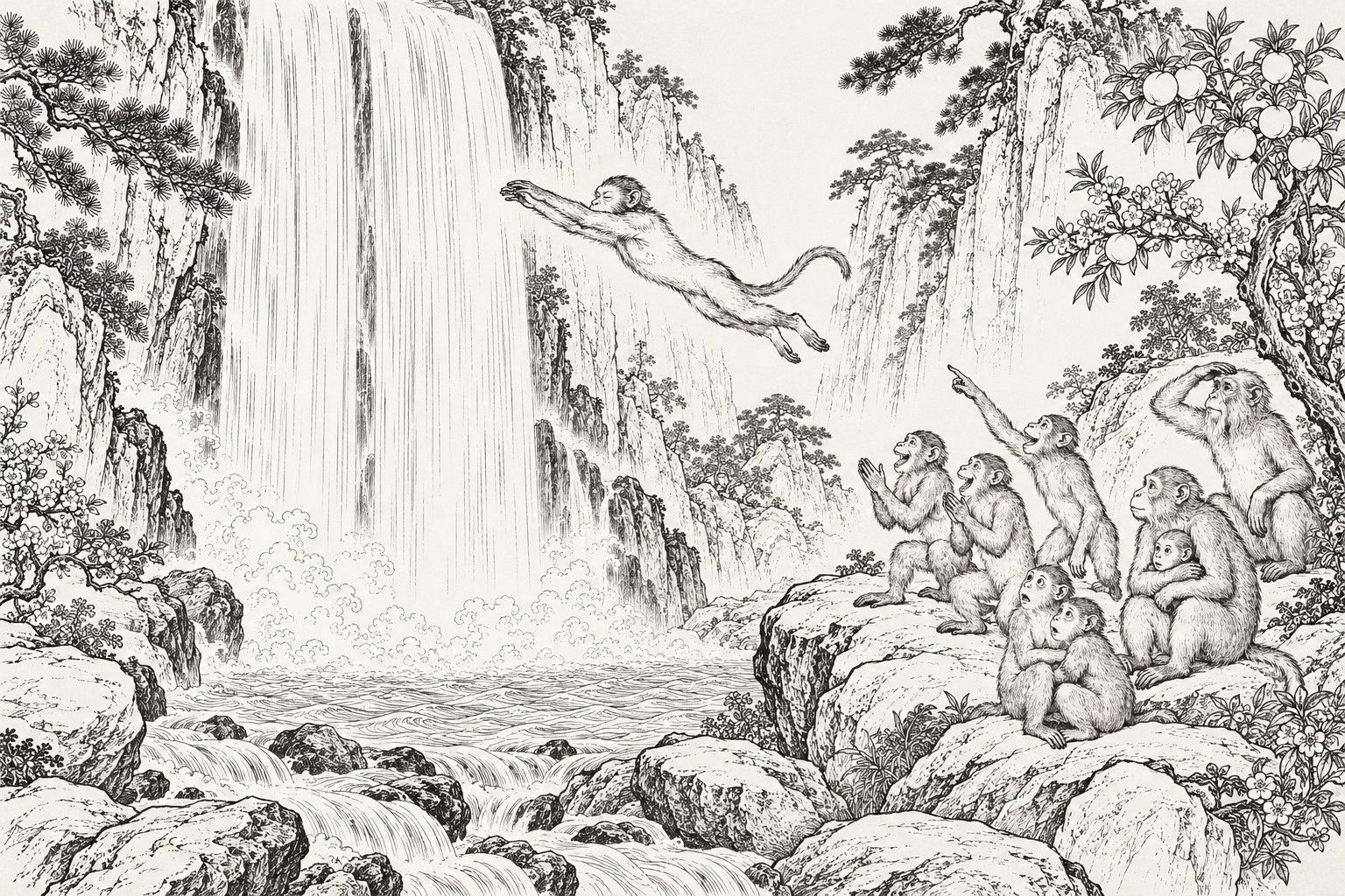 A line drawing in the manner of a late-Qing lithographed edition: on Flower-Fruit Mountain, the Stone Monkey leaps with his eyes shut toward a waterfall hanging like a curtain, while the other monkeys watch from the rocks below, clapping, pointing, shading their eyes and holding on to one another.