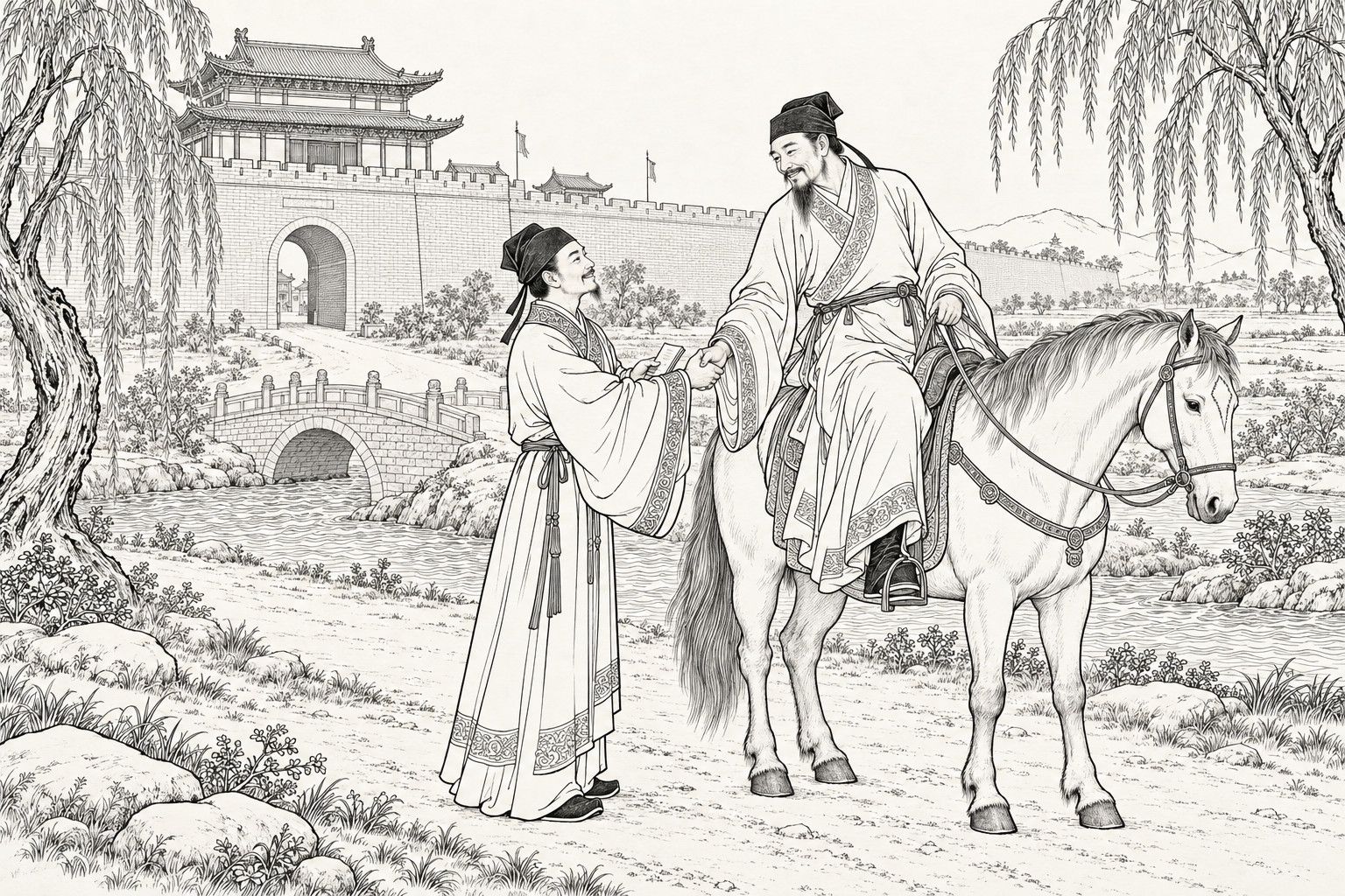 A line drawing in the manner of a late-Qing lithographed edition: on a country road by a stream, a bearded man in a scholar's cap sits on a white horse and clasps hands with a smiling young scholar standing beside it, who holds out a folded slip of paper; a humped bridge, willows, and a great walled city with a gate tower stand behind.