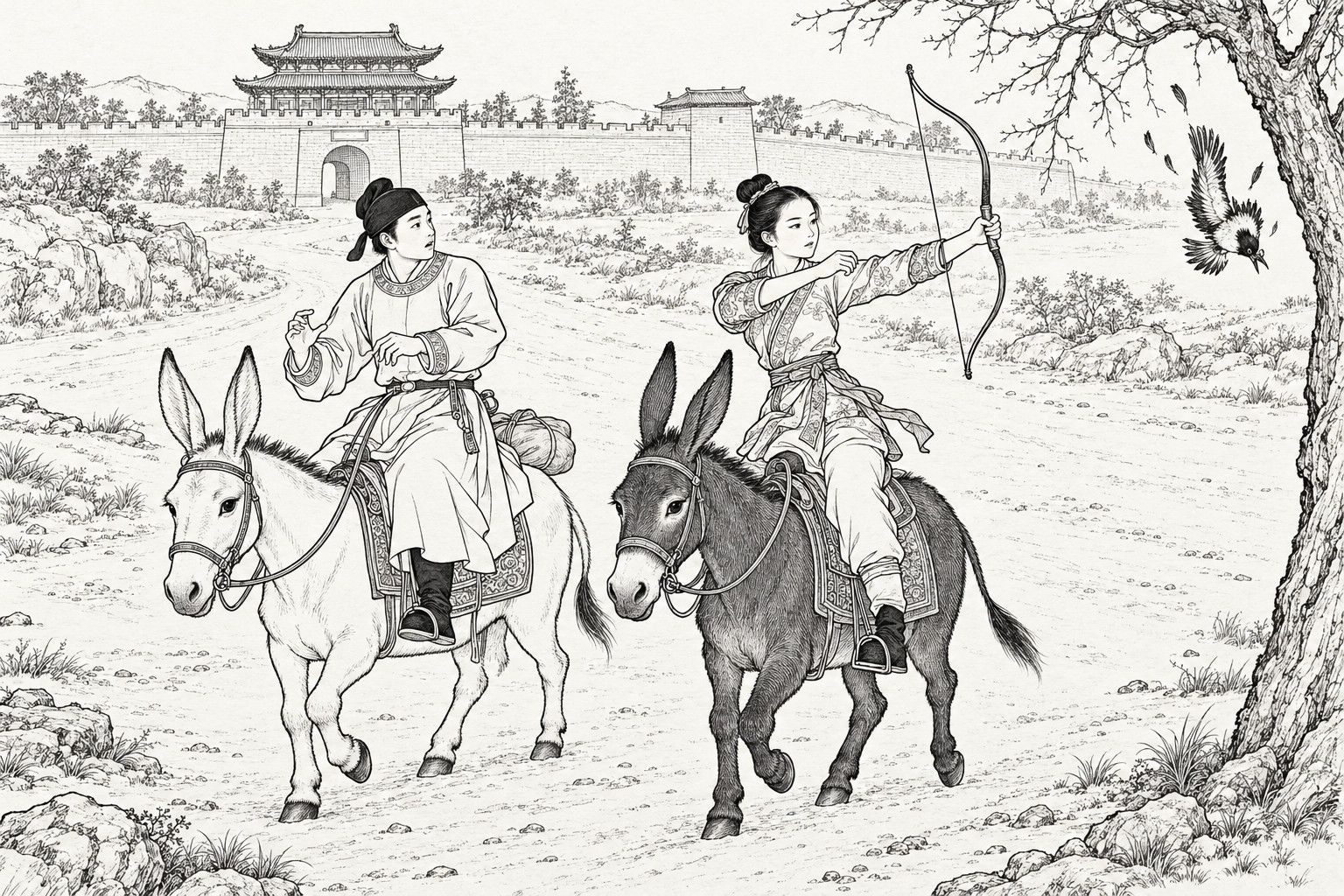 A line drawing in the manner of a late-Qing lithographed edition: on a road outside the north gate of a walled city, a young husband and wife ride side by side on a pale donkey and a dark donkey; the wife has taken the bow from her startled husband and has just shot a magpie, which falls from the branch of an old tree.
