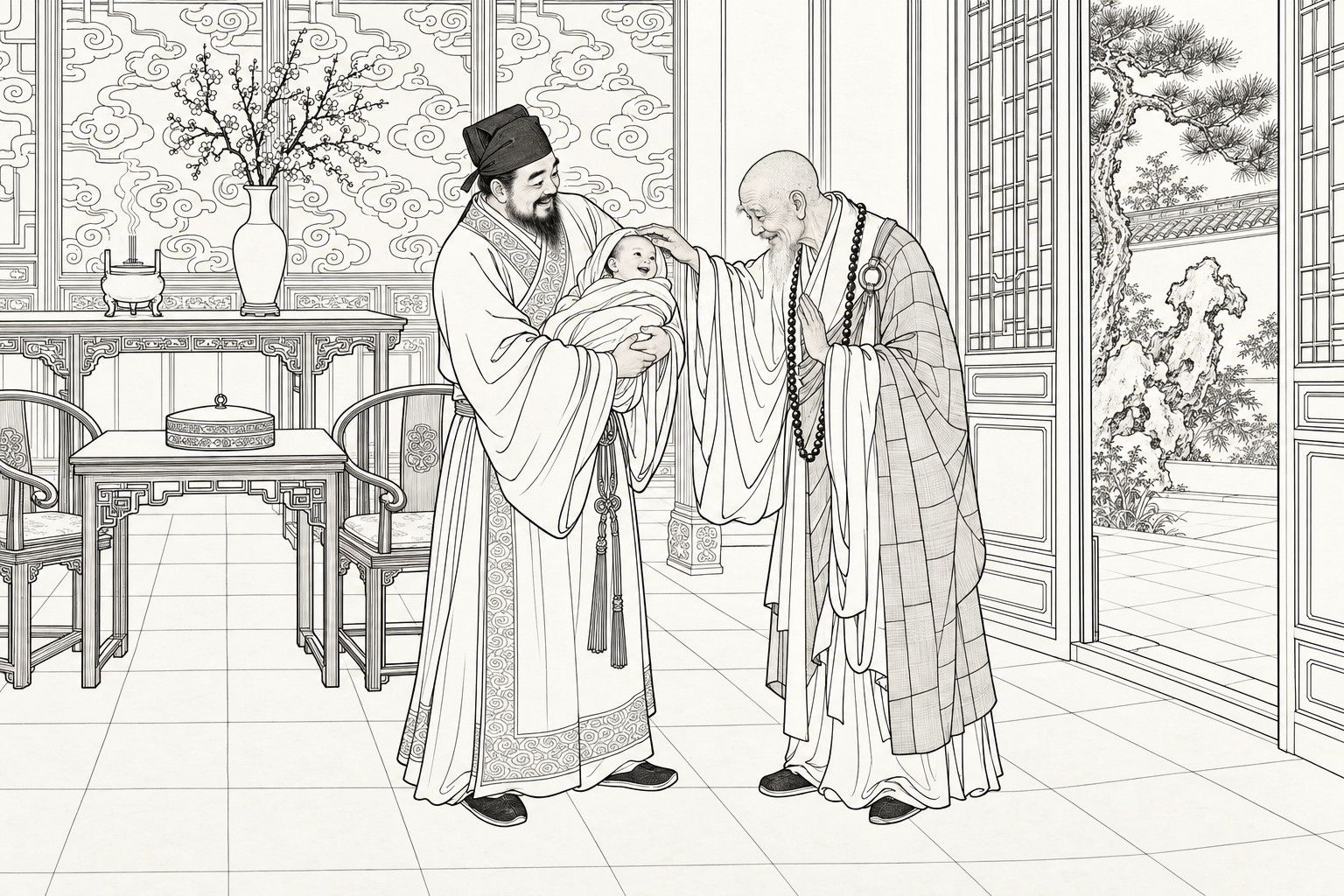 仿清末石印本的線描：宅中廳堂裡，戴軟巾的員外抱著裹在襁褓裡的嬰兒，白鬚老和尚披著方格袈裟，俯身把手按在嬰兒頭頂，嬰兒咧嘴笑著。