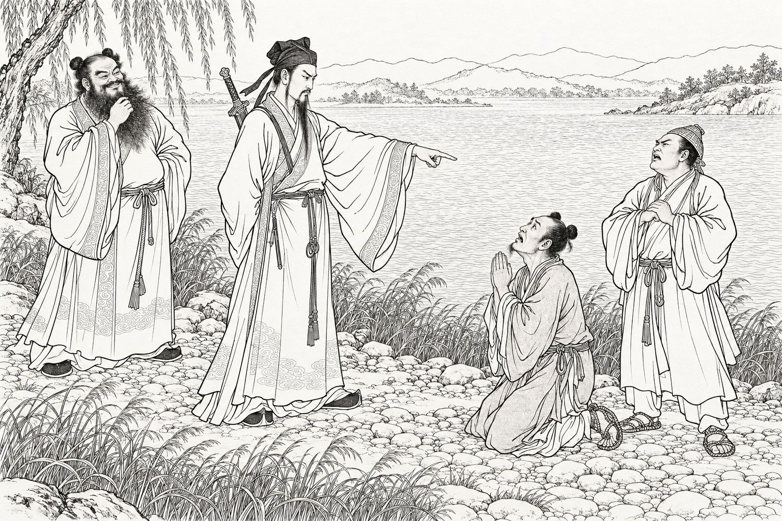 A line drawing in the manner of a late-Qing lithographed edition: on a pebbly river bank beneath a willow, a slender swordsman immortal points at two Daoists, one kneeling with joined hands in terror, the other standing with chin raised in protest, while a bearded immortal looks on stroking his beard.