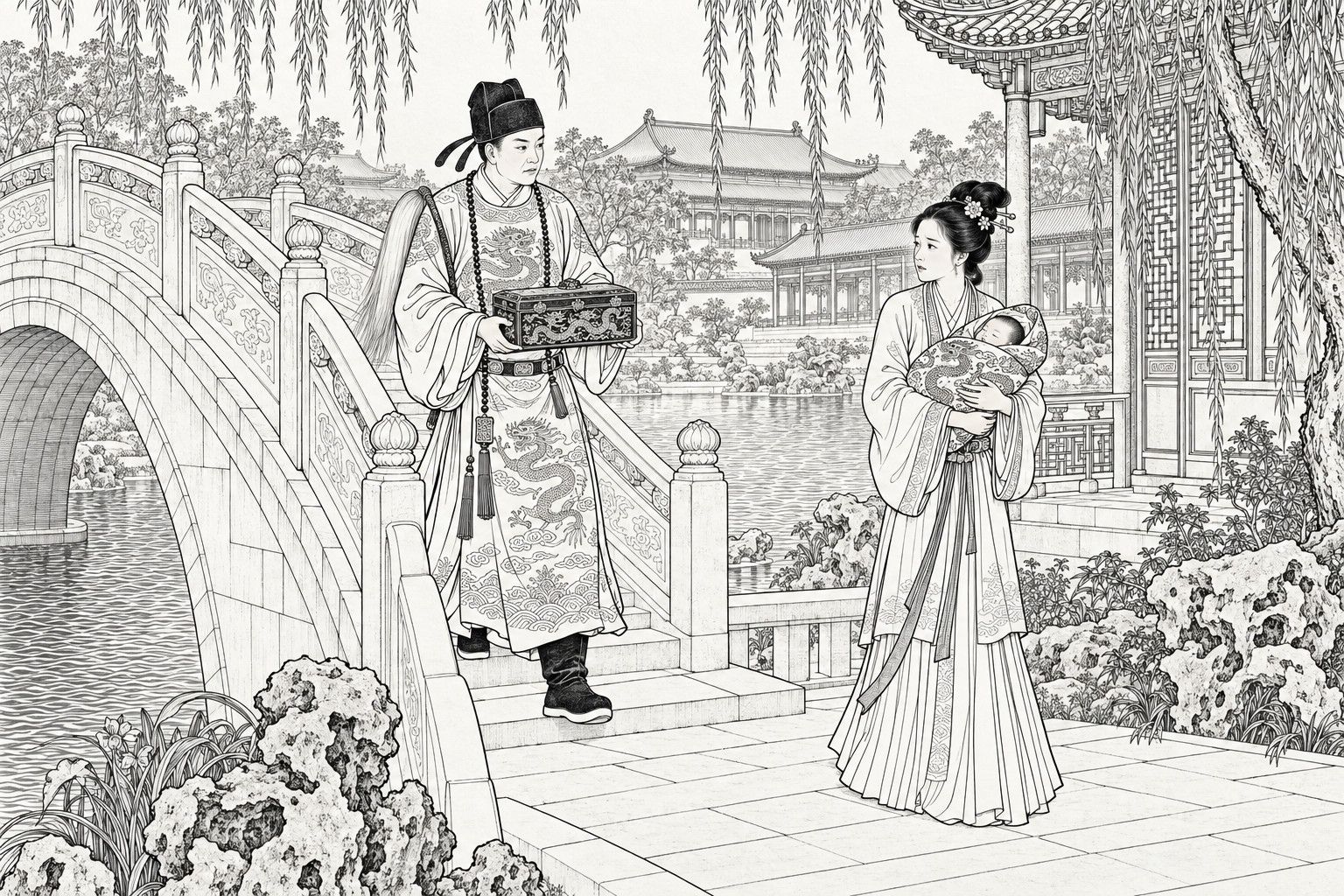 A line drawing in the manner of a late-Qing lithographed edition: by a marble bridge in the palace garden, the eunuch Chen Lin comes carrying the dressing case, and the maid Kou Zhu stands holding the newborn prince wrapped in a dragon-patterned cloth.