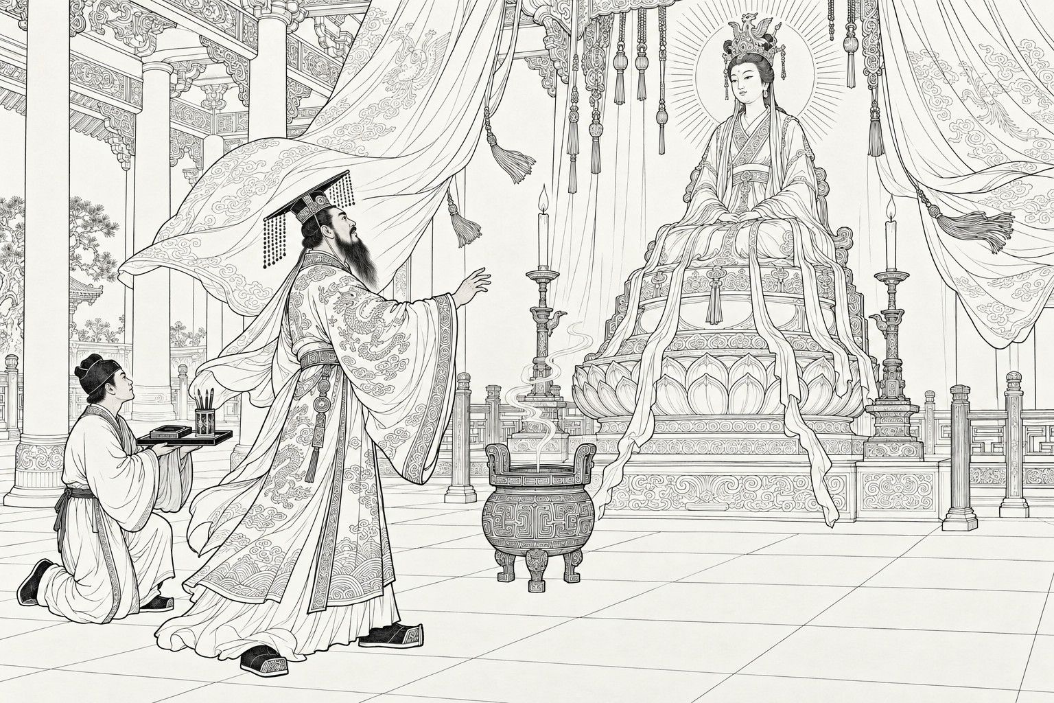A line drawing in the manner of a late-Qing lithographed edition: in the hall of the Nüwa temple, a gust of wind has swept the curtains aside to show the goddess's statue on its lotus throne, and King Zhou, his robe streaming, reaches toward it while a kneeling attendant holds up a tray with an inkstone and brushes.