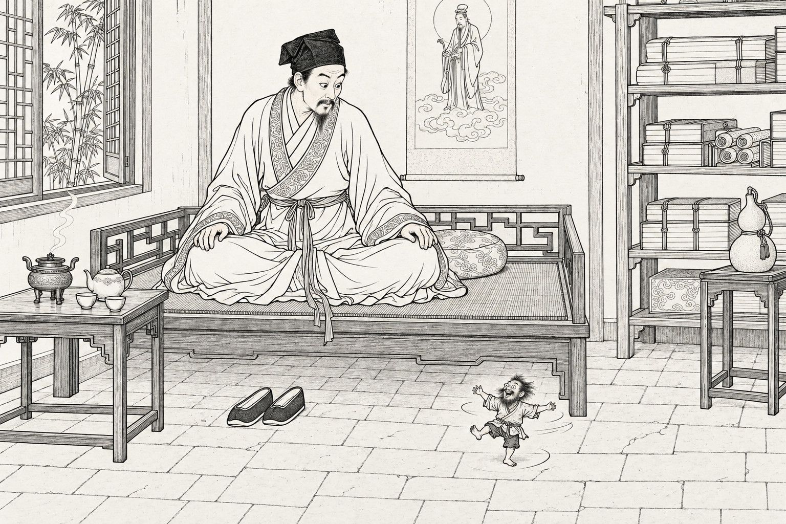 A line drawing in the manner of a late-Qing lithographed edition: in the daytime stillness of a scholar's study, a scholar sits cross-legged on a low couch with his hands on his knees and looks down sidelong in astonishment at a tiny bearded man spinning with outstretched arms on the brick floor, with a tea table and incense burner, a hanging scroll of an immortal, a bookshelf and a gourd, and a lattice window opening on bamboo around them.