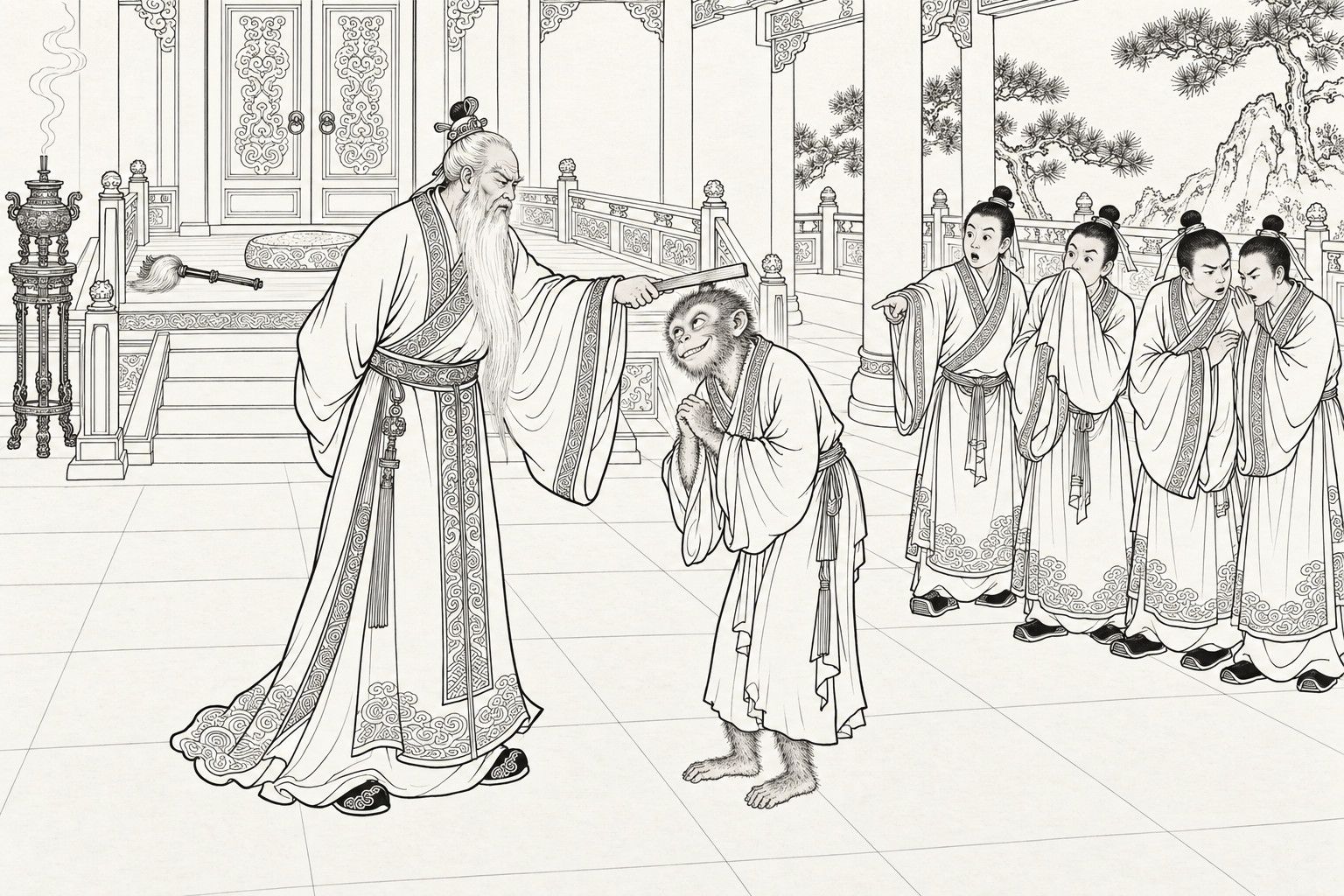 A line drawing in the manner of a late-Qing lithographed edition: in the lecture hall, the white-bearded Patriarch taps Sun Wukong on the head with his ruler; Wukong, in a plain robe, clasps his hands and looks up with a sly grin, while four disciples look on, one pointing, one hiding his mouth behind his sleeve and two whispering.