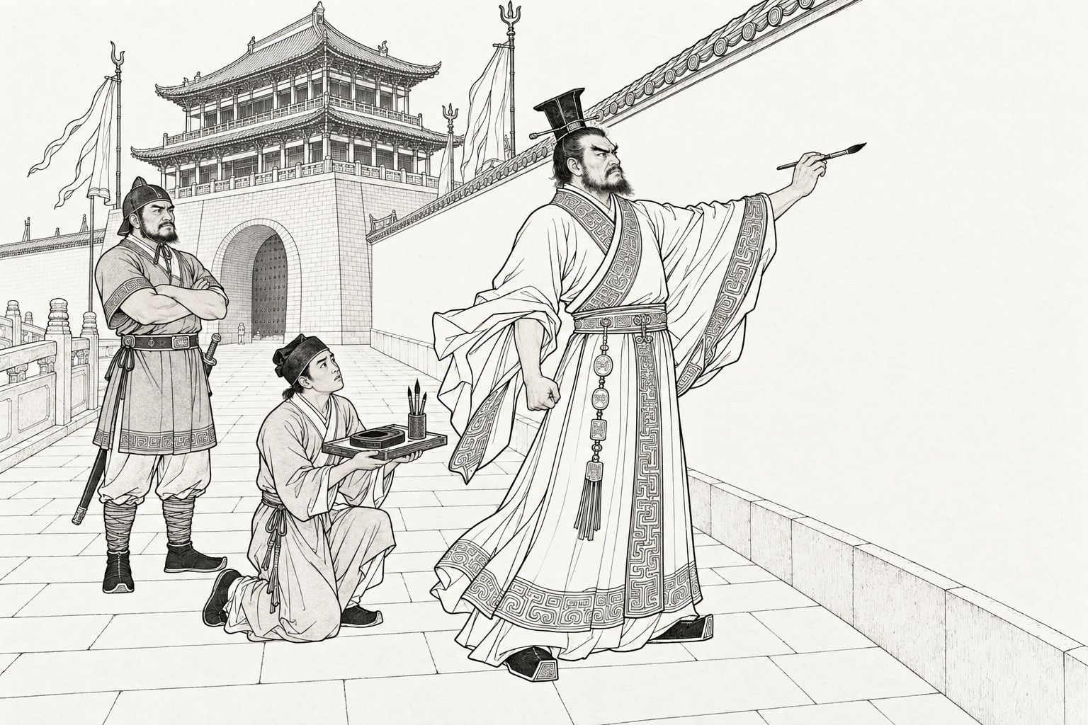A line drawing in the manner of a late-Qing lithographed edition: before the great gate of the palace, the lord Su Hu, in court robe and flat-topped cap, glares and lifts a brush toward a long blank wall, his left sleeve flung back and fist clenched, while a servant kneels holding up a tray with an inkstone and brushes and an officer stands behind with folded arms.