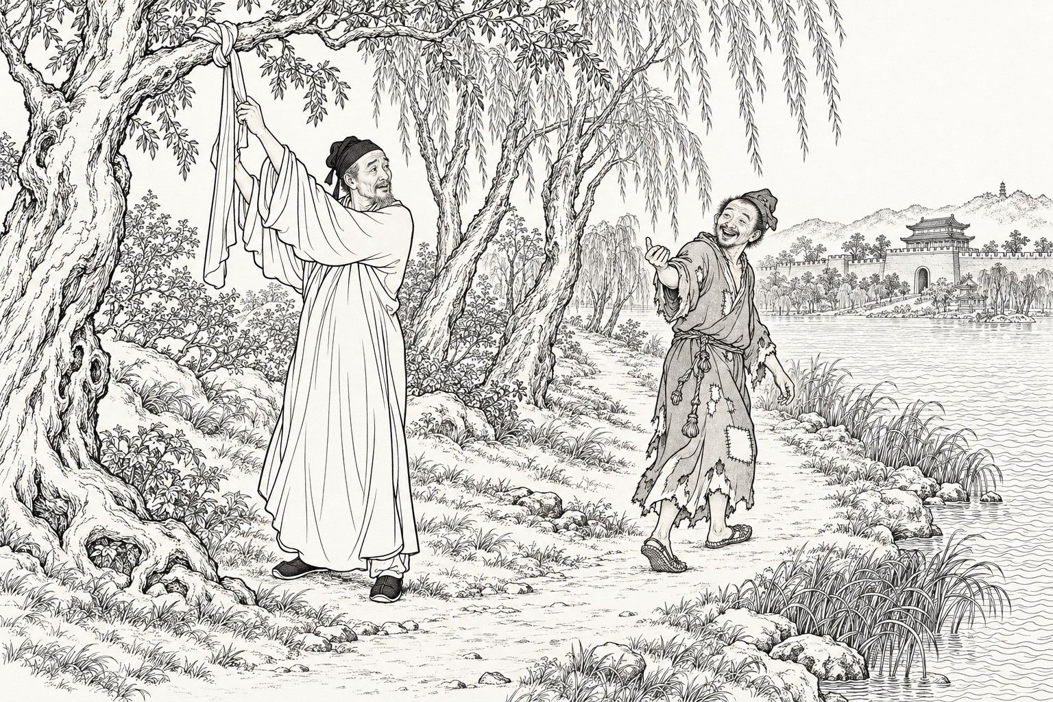 A line drawing in the manner of a late-Qing lithographed edition: in a grove of old trees on the shore of West Lake, a careworn bearded man in a cloth cap reaches up with both hands to untie a long silk sash knotted round a low branch, looking round with a hopeful smile; a few steps ahead on the path, a ragged, grinning monk in a patched robe turns back and beckons him on; across the water, the city wall and a gate tower among willows.