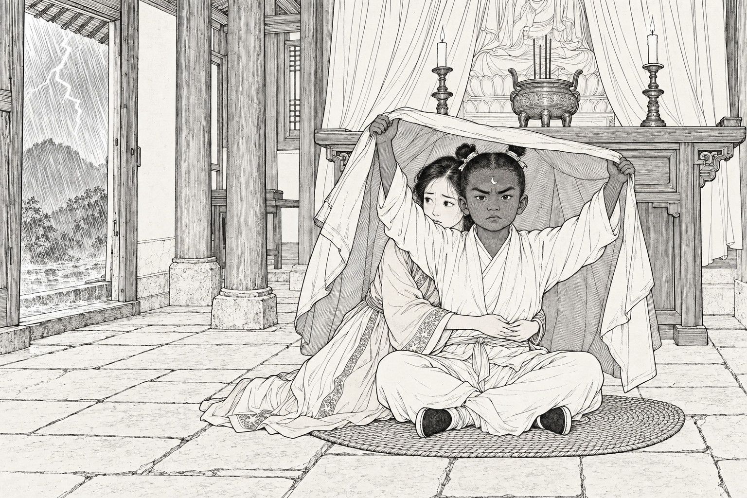 A line drawing in the manner of a late-Qing lithographed edition: in an old hill temple during a thunderstorm, the nine-year-old Lord Bao sits cross-legged before the altar, holding his coat up over his head like a tent to shelter the frightened young woman who kneels behind him with her arms around his waist.