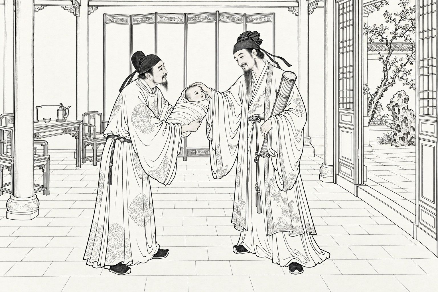 A line drawing in the manner of a late-Qing lithographed edition: in a hall before a screen, a bearded Daoist with a bamboo fishing drum under his arm rests his hand on the head of a swaddled infant whom the father holds out to him.