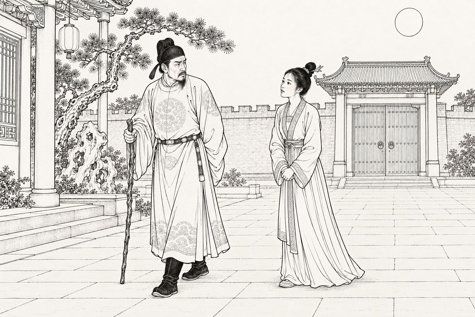 A line drawing in the manner of a late-Qing lithographed edition: on a moonlit night in the courtyard of a military governor's residence, with the camp gate shut behind them, the worried governor leans on a staff while his young maidservant steps forward, hands folded, and quietly offers to help him.
