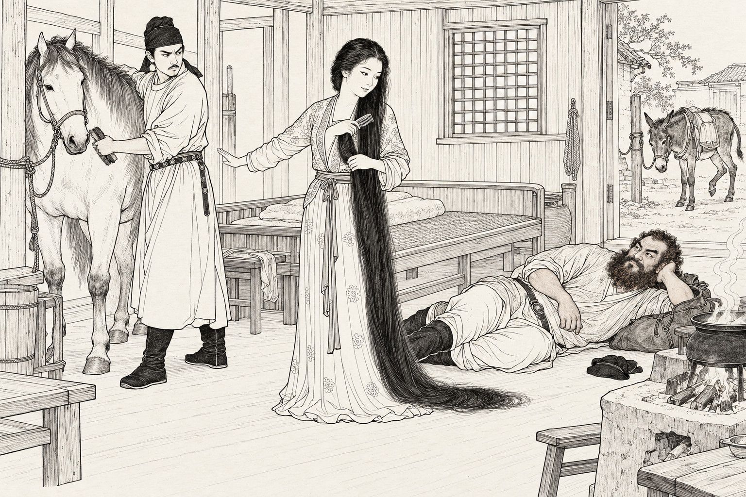 A line drawing in the manner of a late-Qing lithographed edition: in a roadside inn, a young woman stands combing her floor-length hair while holding one hand out behind her to calm her angry husband, who is brushing his horse; on the floor by the hearth a red-bearded stranger lies on one elbow, his head on a leather bag, watching them, and his donkey stands tied outside the door.