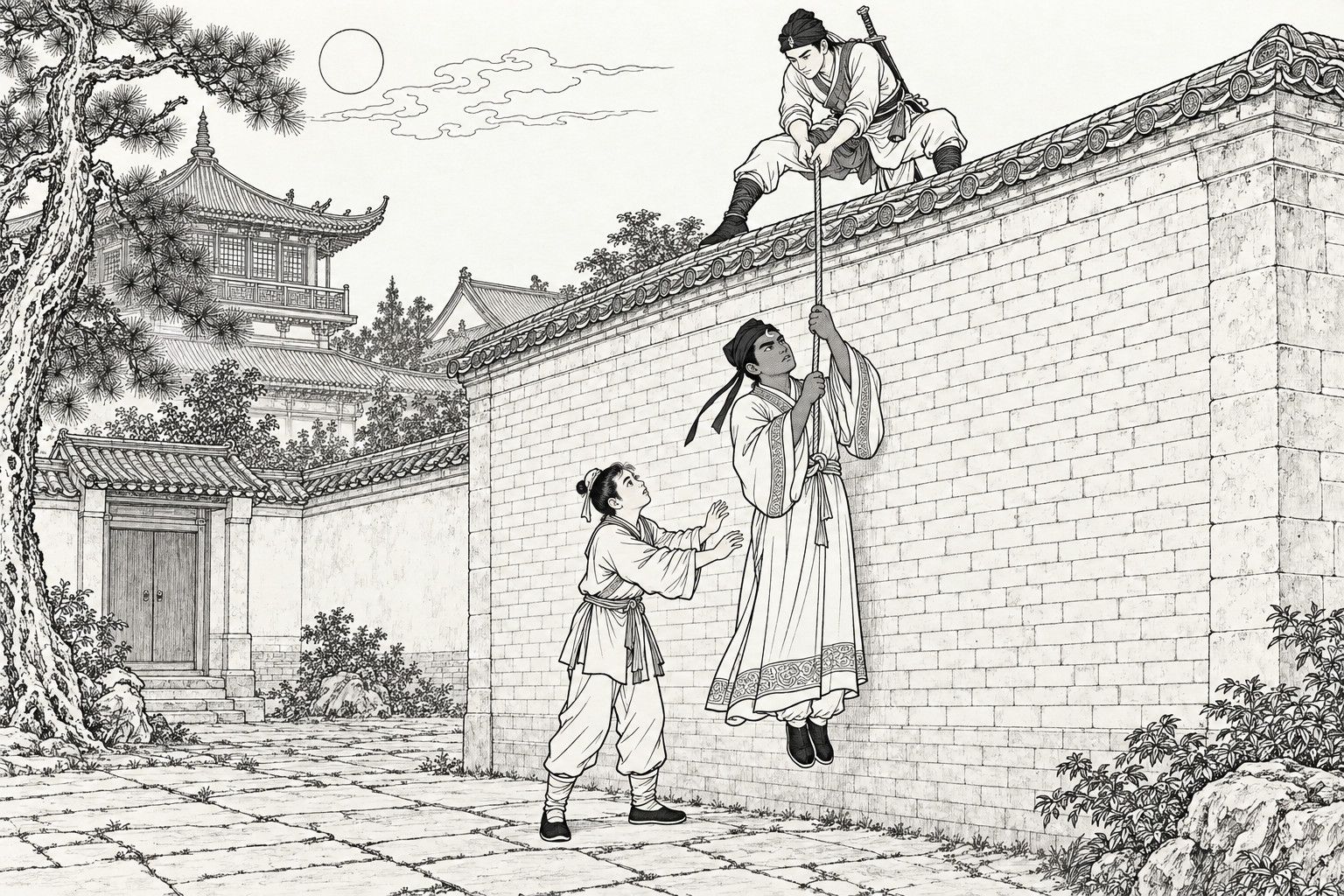 仿清末石印本的線描：夜裡金龍寺後牆上，展昭用繩索把包公提上牆頭，書童包興在下面伸手托著。
