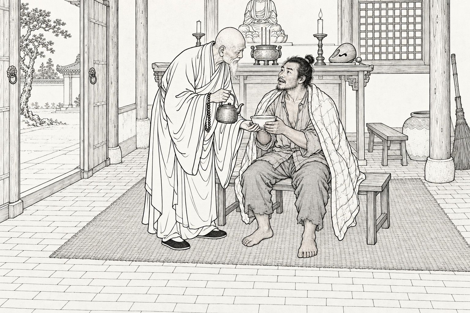 A line drawing in the manner of a late-Qing lithographed edition: inside a small temple, a barefoot carter in ragged clothes and a quilt over his shoulders sits on a low bench and takes a bowl from an old Taoist priest, who bends toward him holding a kettle; a Buddha figure, candlesticks and an incense burner stand on the altar behind.