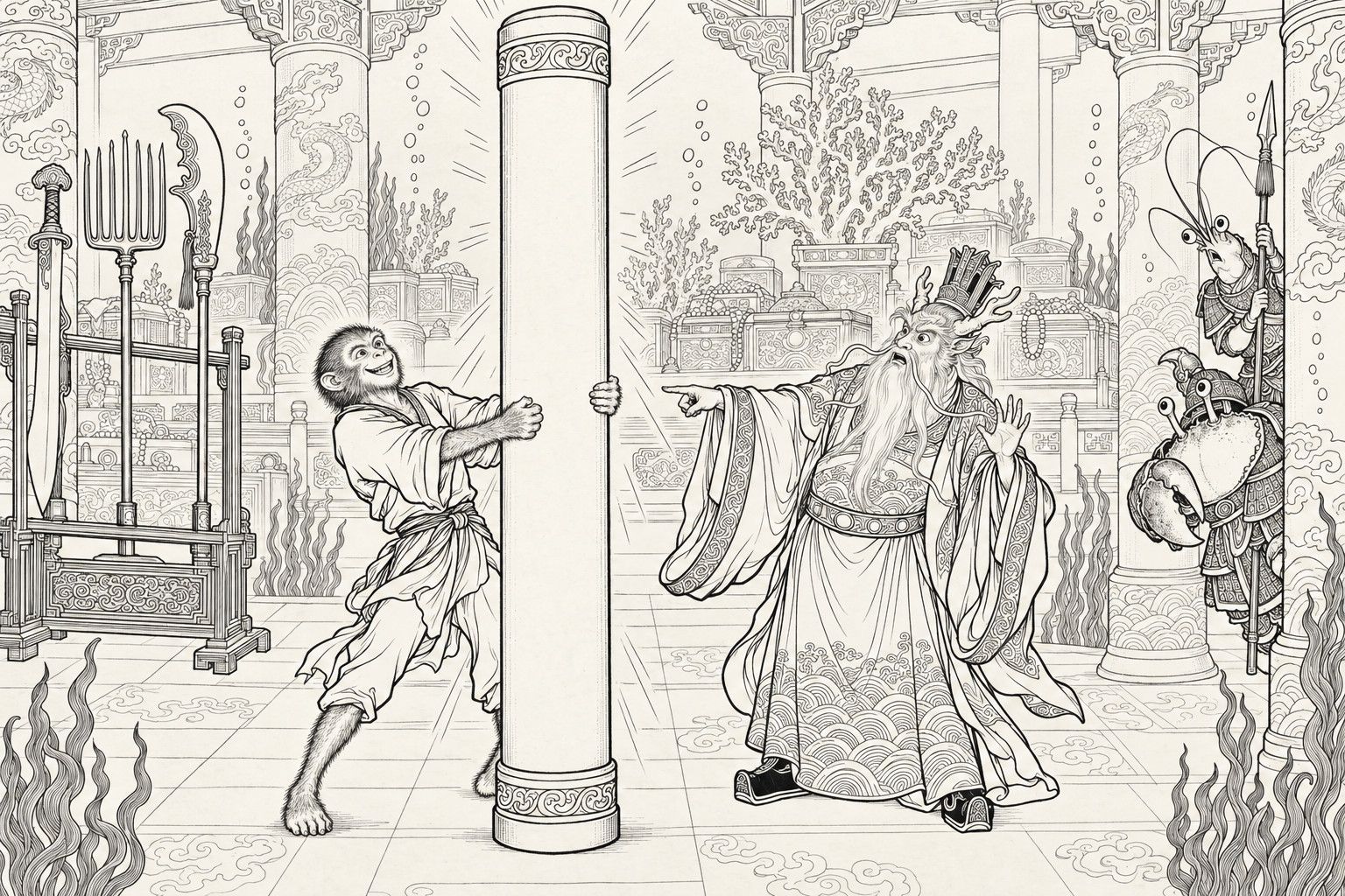 A line drawing in the manner of a late-Qing lithographed edition: in the sea treasury of the Dragon King of the East Sea, Sun Wukong grips a huge, glowing iron pillar with both hands and leans back, beaming, while the startled Dragon King points at it and a shrimp soldier and a crab general peep out from behind a column.