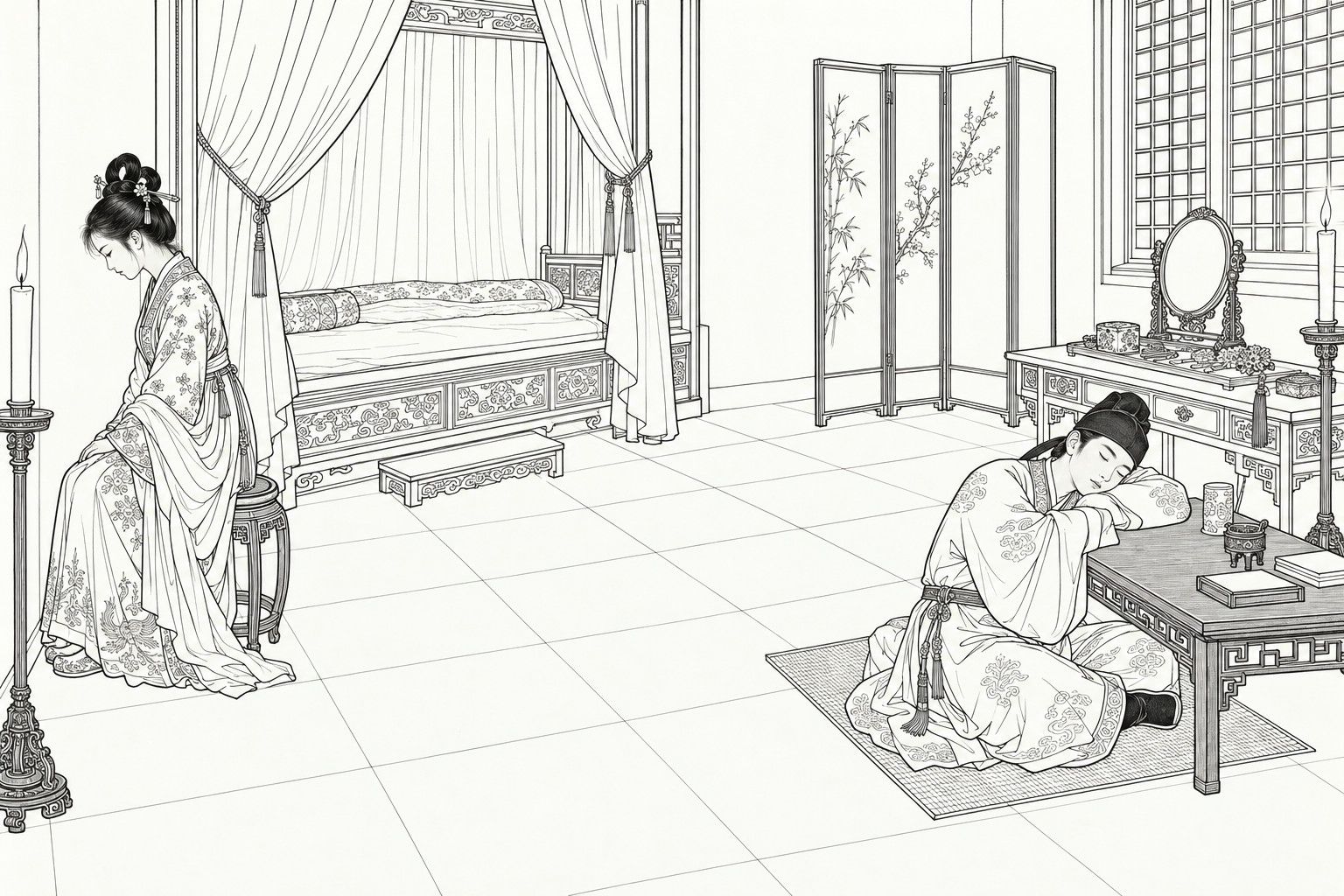 A line drawing in the manner of a late-Qing lithographed edition: in a bridal chamber lit by two candles, the bride sits on a stool by the curtained bed with her head bowed and her face turned to the wall, while the bridegroom, still in his wedding robe, sleeps with his head on his arm at a low table across the room.