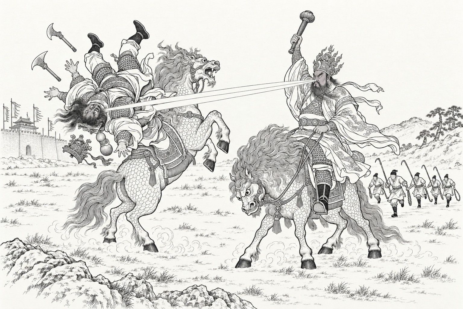 A line drawing in the manner of a late-Qing lithographed edition: on a plain before the walls of Jizhou, the general Zheng Lun sits on his beast with an iron pestle raised and two beams of light shooting from his nose, while Chong Heihu tumbles backwards off his rearing beast, boots kicking, crown falling and axes flying; a file of foot soldiers with hooked poles and chains runs up in the distance.