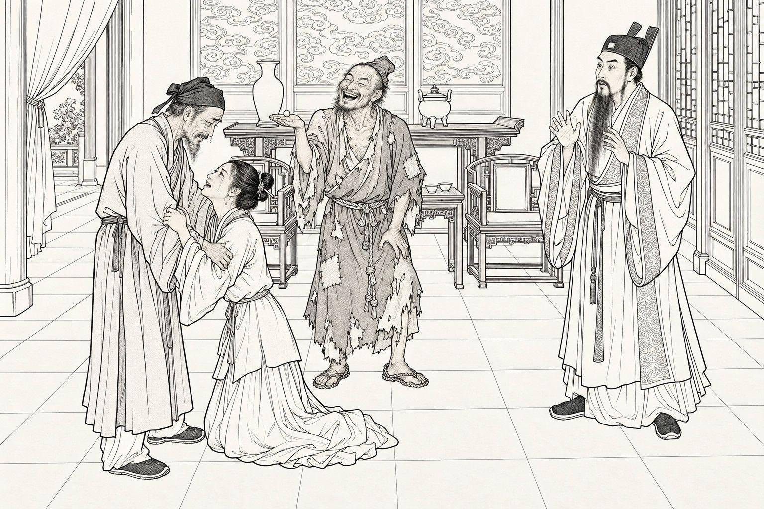 A line drawing in the manner of a late-Qing lithographed edition: in the hall of a rich house, a bearded old man in a headcloth holds a young woman by the arms as she kneels before him, both of them weeping; behind them a ragged monk laughs, holding a small pill on his palm, and a long-bearded gentleman in a tall cap stands to one side with both hands raised in surprise.