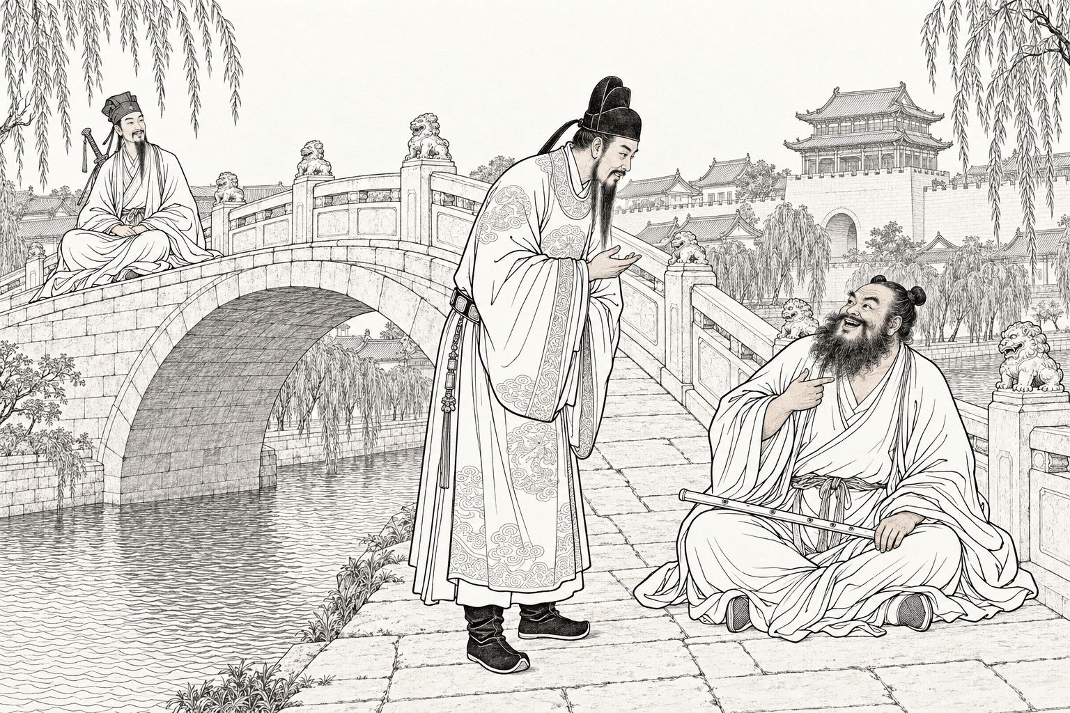 A line drawing in the manner of a late-Qing lithographed edition: on a stone arch bridge beside a willow-lined canal, an official in a tall black cap bends to speak to a laughing bearded Daoist sitting cross-legged with an iron flute across his knee, while a second Daoist with a sword on his back sits smiling on the bridge behind.