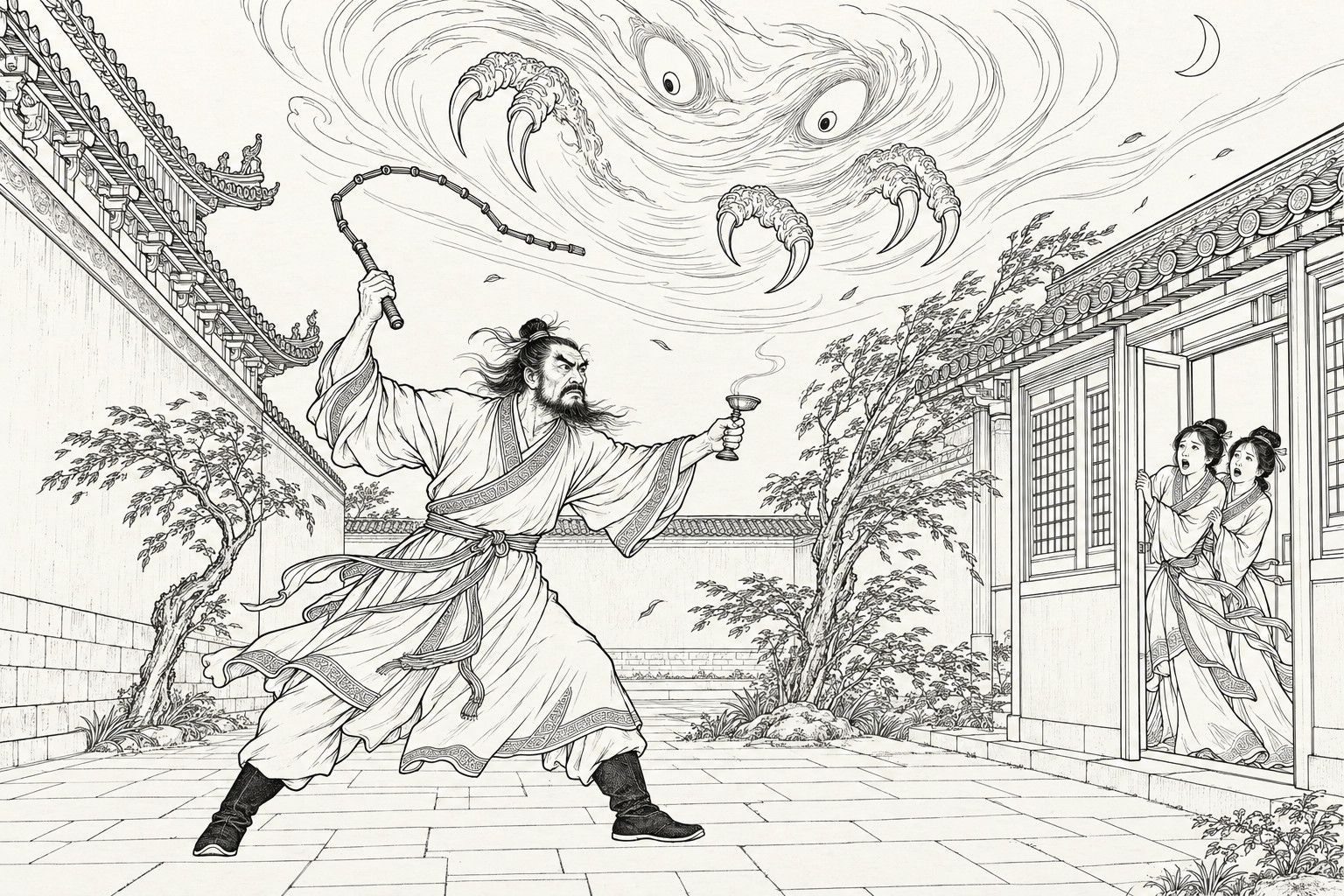 A line drawing in the manner of a late-Qing lithographed edition: in a post-station courtyard at night, the lord Su Hu strides forward with a jointed iron whip raised in one hand and a small lamp, its flame just out and trailing smoke, in the other, while a swirl of wind in the sky shows two huge round eyes and curved claws; two frightened maids cling to a doorway on the right.