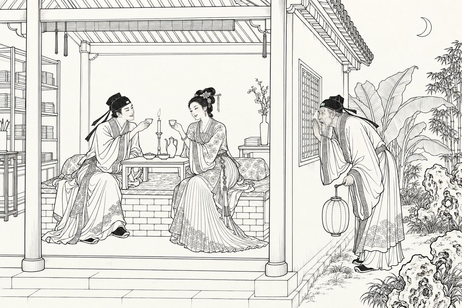 A line drawing in the manner of a late-Qing lithographed edition: on a moonlit night in a garden, an old gentleman in a soft cap stoops outside the lattice window of a cutaway study, lantern in hand, peeping in with a startled face, while inside a young scholar and a finely dressed young woman sit on a brick bed and raise wine cups across a low table with a lit candle, with a bookshelf, plantain, bamboo and rocks around.