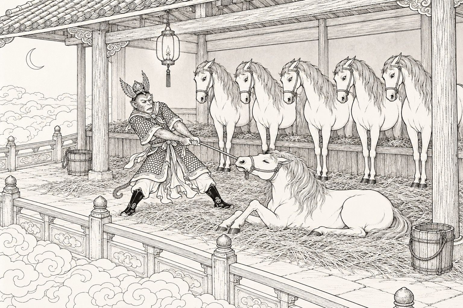 A line drawing in the manner of a late-Qing lithographed edition: at night in an open-fronted celestial stable under a crescent moon, a monkey in a winged cap and chain-link armour leans back hauling on the halter of a horse lying in the straw, while five white horses stand in a row at the long manger watching, with a hanging lantern, wooden buckets, a carved stone railing and scrolling clouds below.