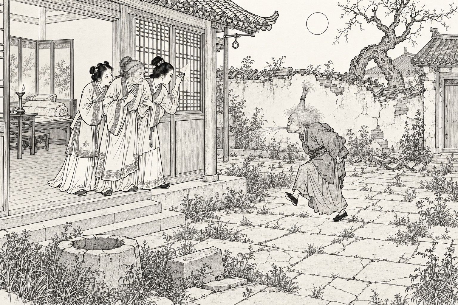 A line drawing in the manner of a late-Qing lithographed edition: on a moonlit night in an overgrown, run-down courtyard, an old lady and two young maids huddle at the lattice window of the front hall and peer through a small hole in the paper, while a hunchbacked old woman with a tall topknot and wild white hair strides across the cracked paving with high crane-like steps, spraying a fine stream of water from her mouth, beside a dry well, a broken wall and a gnarled old tree.