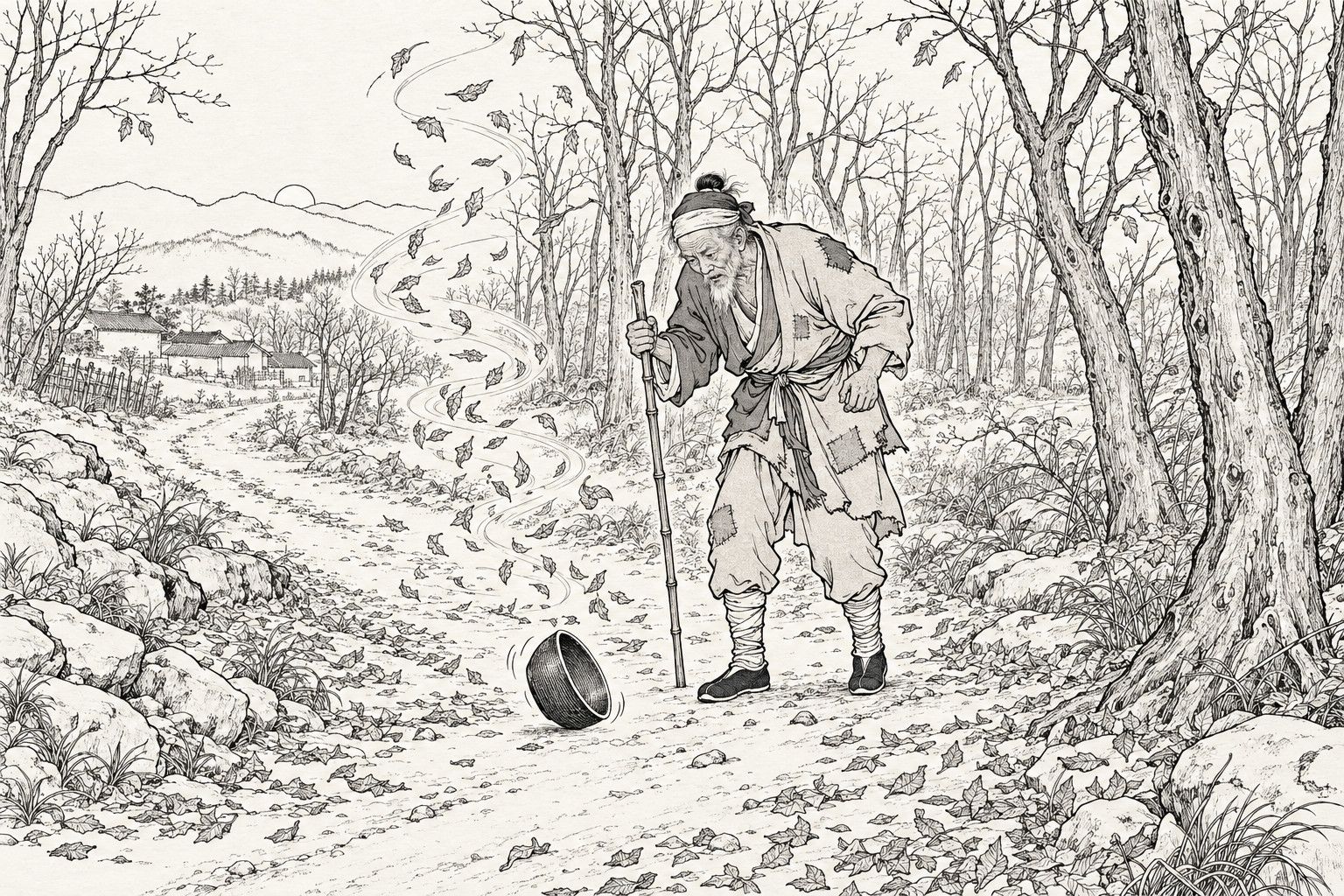 A line drawing in the manner of a late-Qing lithographed edition: on an autumn evening an old man walking home through a bare wood is caught in a whirlwind of dead leaves, and the black clay basin he was carrying falls and rolls at his feet.