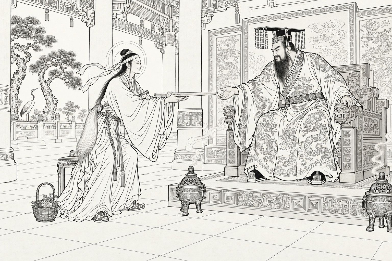 A line drawing in the manner of a late-Qing lithographed edition: in the great hall of the palace, a Daoist with a headband and long hair, half risen from his stool, holds out a plain wooden sword to King Zhou, who sits on a dragon-carved throne and reaches out a hand to take it; a flower basket stands on the floor and two incense burners smoke on the paving.