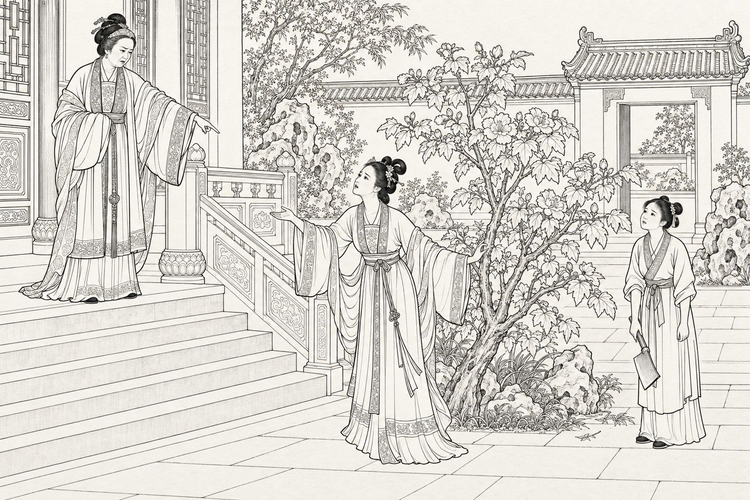 A line drawing in the manner of a late-Qing lithographed edition: in a courtyard, an elderly lady on the hall steps points at a flowering hibiscus tree, the young wife stands before the tree with one hand on a branch and the other stretched out pleading, and a maid beside it holds a broad chopping knife.