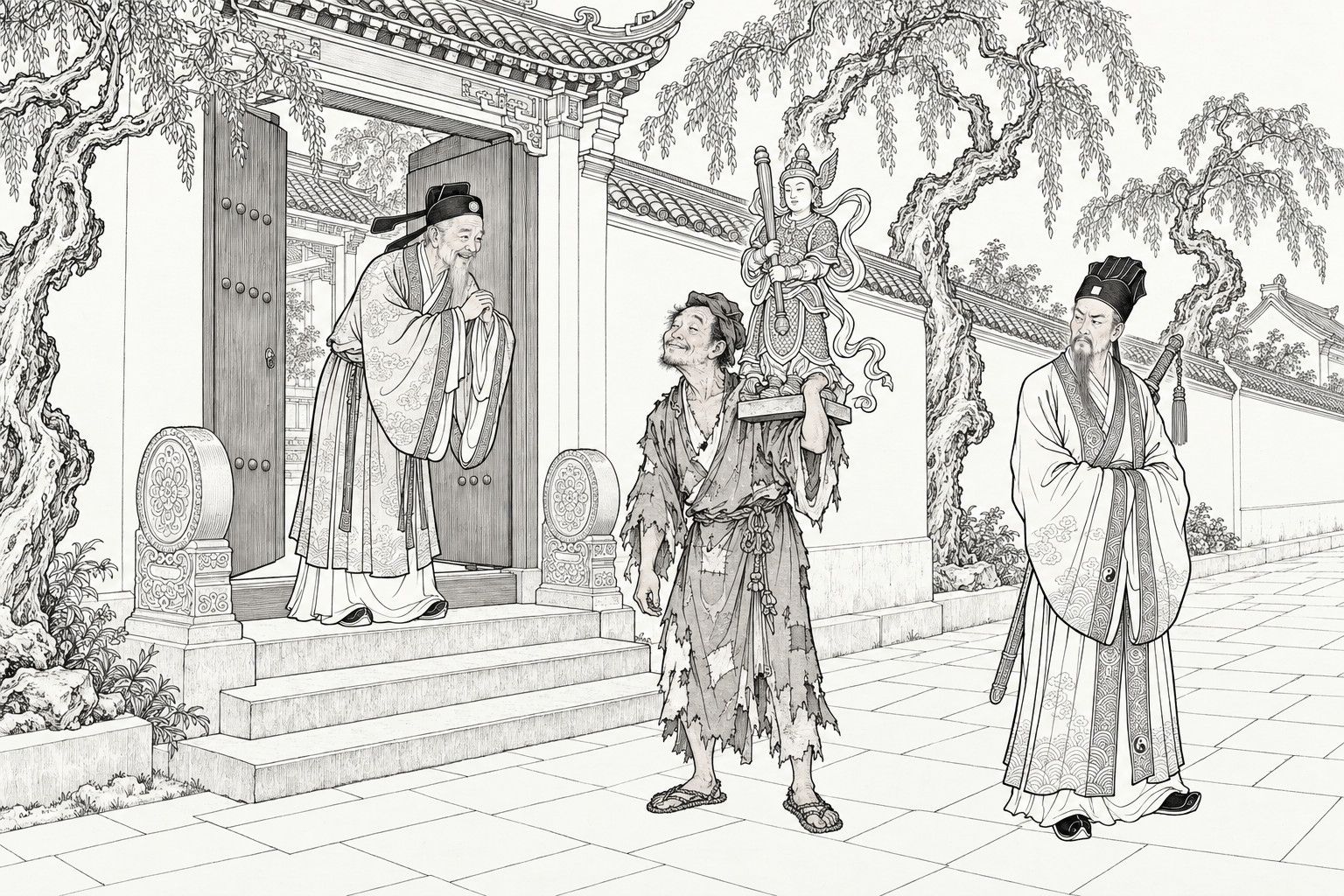 A line drawing in the manner of a late-Qing lithographed edition: at the gate of a rich man's house, an old gentleman on the top step bows with clasped hands to a ragged, smiling monk who carries a clay statue of an armoured guardian god on his shoulder; at the right a long-bearded Daoist in a tall black cap, a sword slung across his back, stands apart with a sour look.