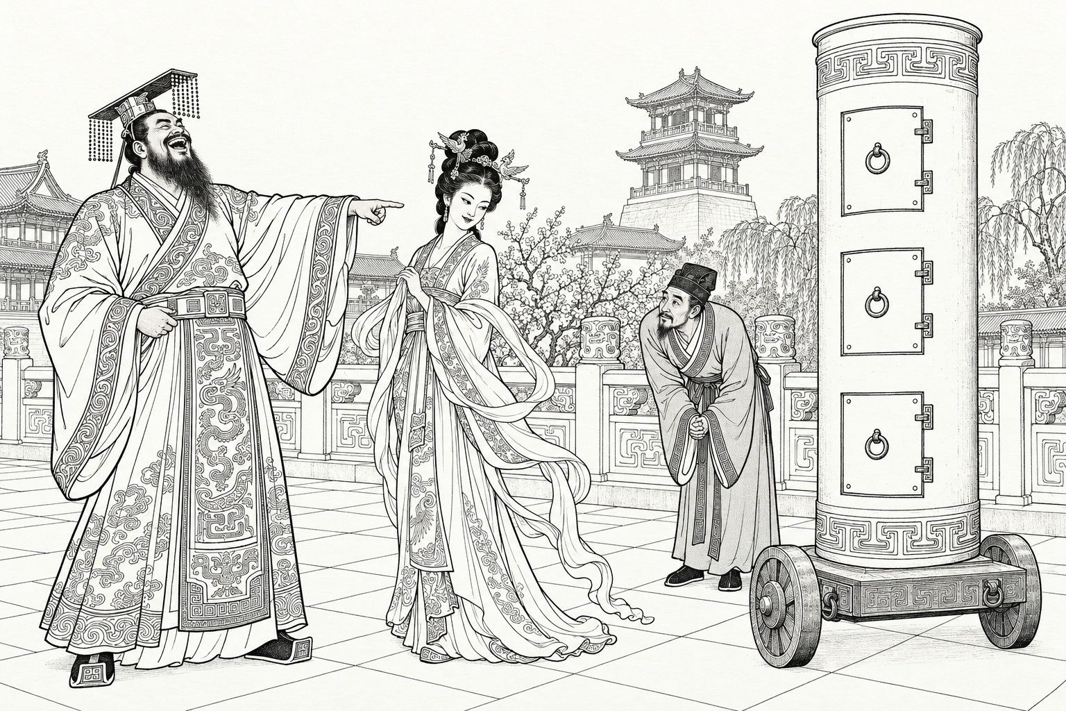 仿清末石印本的線描:白日宮中石磚露臺上,戴垂珠平冠的長鬚君王仰頭大笑,伸手指向身旁含笑側目、手提飄帶的妃子,一名官吏拱手躬身立在帶輪的三層關門銅柱旁,身後是石欄、高樓、桃花和垂柳。