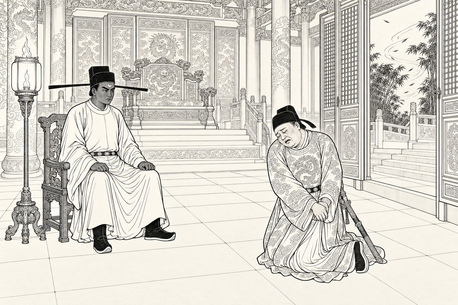 A line drawing in the manner of a late-Qing lithographed edition: at night in a palace hall, a stern dark-faced young official in a winged cap sits upright on a carved chair beside an empty dragon throne, while a burly eunuch in a dragon-embroidered robe kneels before him weeping, hands clasped at his hip like a woman's curtsy, a tall lamp burning at one side and a whirlwind stirring the bamboo beyond the open lattice doors.
