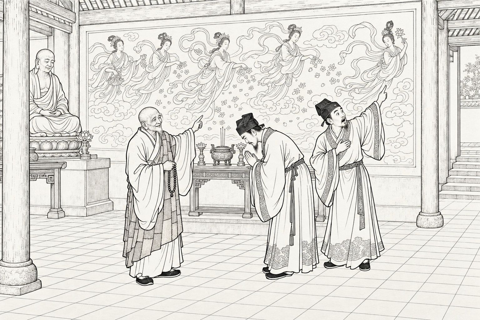 A line drawing in the manner of a late-Qing lithographed edition: in a temple hall before a wall painting of flying heavenly maidens scattering flowers among clouds, an old monk with prayer beads smiles and gestures upward, a scholar bows to him with joined hands, and a second scholar points astonished at the painted figures; an incense burner stands on a table below.