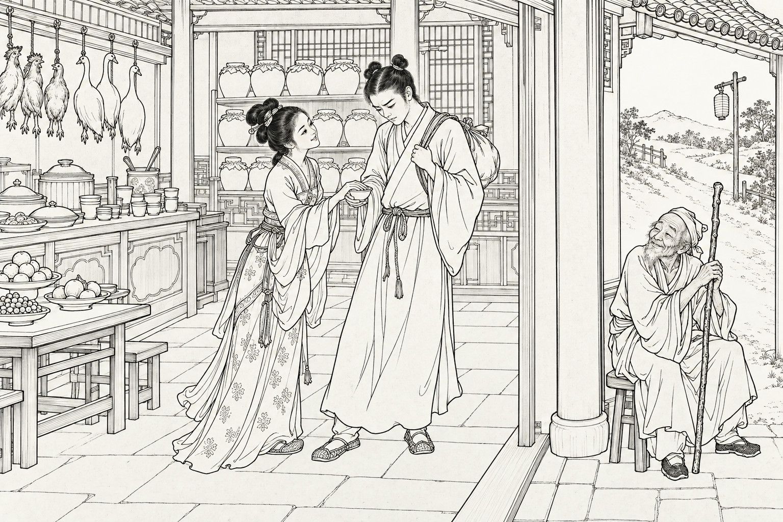 A line drawing in the manner of a late-Qing lithographed edition: inside a roadside wine shop, a young Daoist with a bundle on his back looks down as a girl offers him a cup of tea and lays her hand on his, while an old man with a tall staff sits smiling in the doorway.