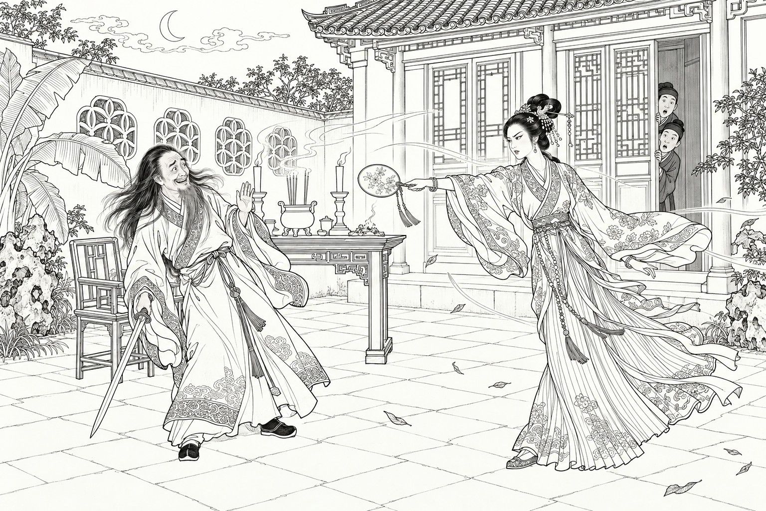 仿清末石印本的線描：夜裡的花園小院，衣裙被風吹起的年輕女子用一把垂著流蘇的團扇指向披髮長鬚的道士，道士一手垂著劍、一手舉掌往後退；半開的門裡探出兩個家人的頭，牆頭上掛著一彎新月。