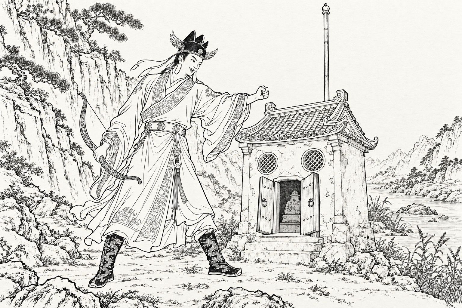 A line drawing in the manner of a late-Qing lithographed edition: at the foot of a cliff by a stream, the young god Erlang, in a three-peaked cap with phoenix wings and dragon-embroidered boots, holds a pellet bow in one hand and, laughing, raises his fist at a little earth-god shrine with two round windows, open doors and an idol inside, and a flagpole sticking up behind it: the Great Sage in disguise.