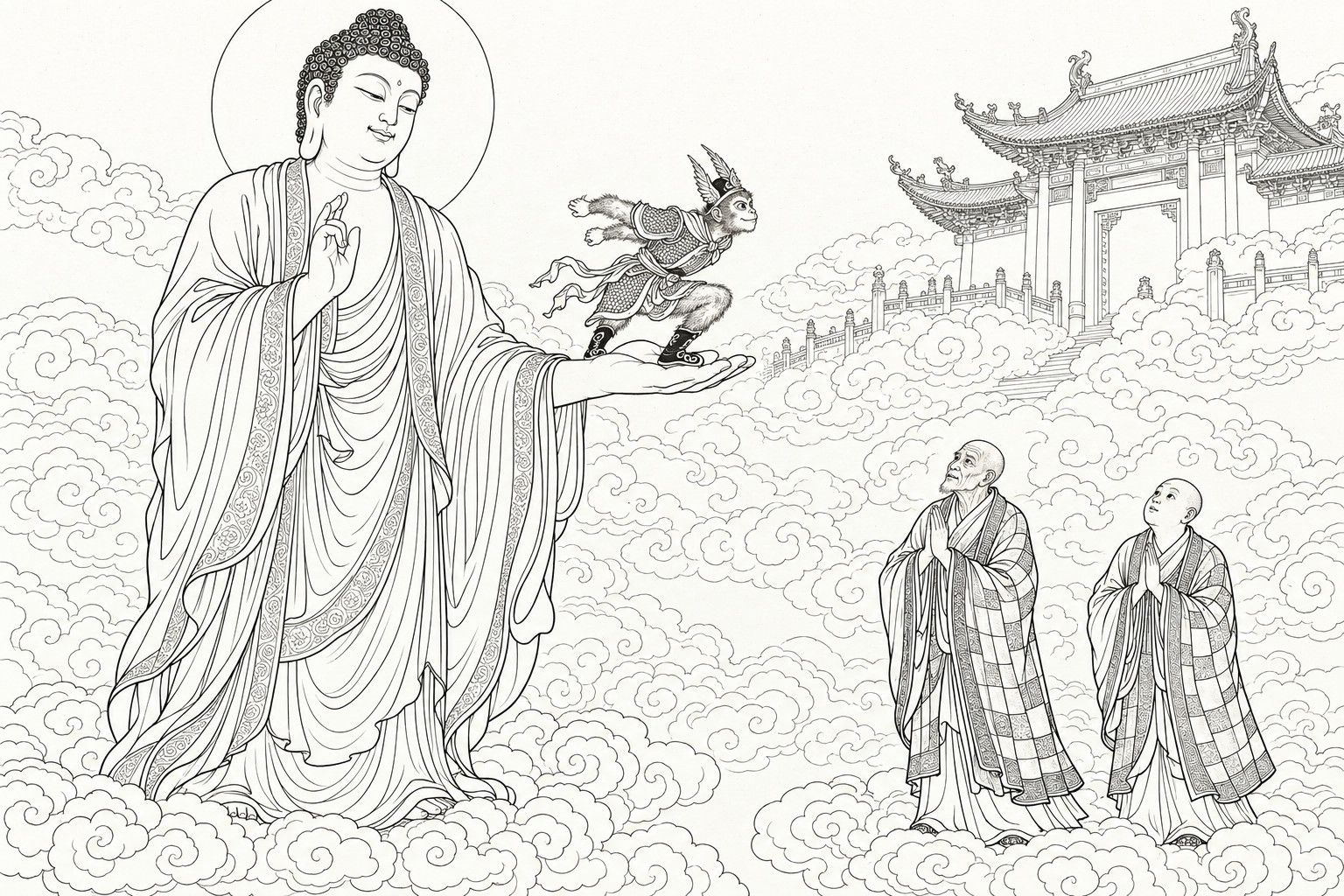 A line drawing in the manner of a late-Qing lithographed edition: on the clouds outside a gate tower of the heavenly palace, the haloed Buddha smiles and holds out one open palm, his other hand raised before his chest; on the palm the Great Sage, in a phoenix-winged cap and chain armour, crouches with his arms swung back, ready to spring away, while the old monk Kasyapa and the young Ananda look up at him with joined palms.