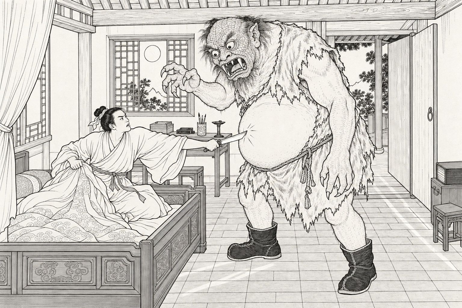 A line drawing in the manner of a late-Qing lithographed edition: on a summer night in a mountain-temple study, a young scholar in a loose gown kneels up on his bed and slashes a short knife at the round belly of a huge stooping ogre in a ragged hide tunic and boots, who raises one clawed hand beneath the roof beam, with a moonlit lattice window, a desk with books and a lamp, and an open door behind.