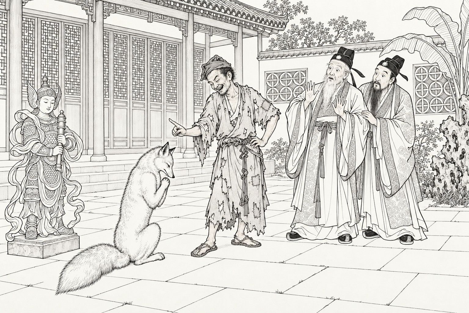 A line drawing in the manner of a late-Qing lithographed edition: in a garden courtyard, a ragged monk laughs and wags a finger at a big fox kneeling on its hind legs with its forepaws pressed together; at the left stands a statue of an armoured guardian god, and at the right two old gentlemen stare in astonishment.