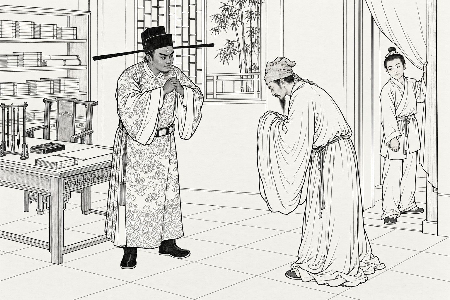 A line drawing in the manner of a late-Qing lithographed edition: in the study of the Kaifeng prefecture, Lord Bao stands beside his desk and returns the bow of the scholar Gongsun Ce, who bows deeply in clothes far too big for him, while the page boy Bao Xing holds the door curtain aside with a smile.