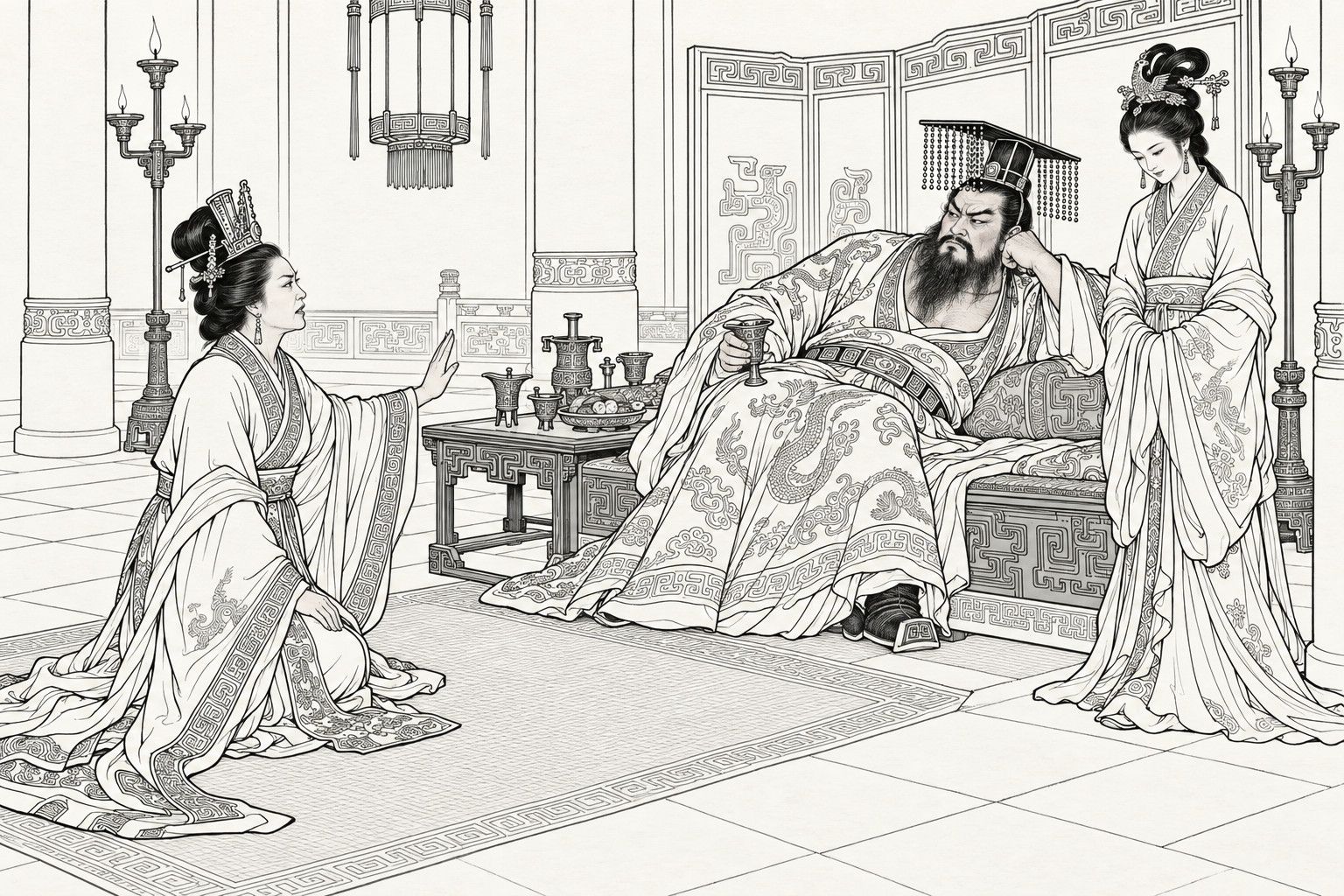 A line drawing in the manner of a late-Qing lithographed edition: in a palace hall lit by tall candle stands, the king lies half reclining on a couch with a wine cup in his hand and glares sideways, Queen Jiang kneels on the mat before him with one hand raised in remonstrance, and the consort Daji stands beside the couch with lowered eyes, her hands in her sleeves.
