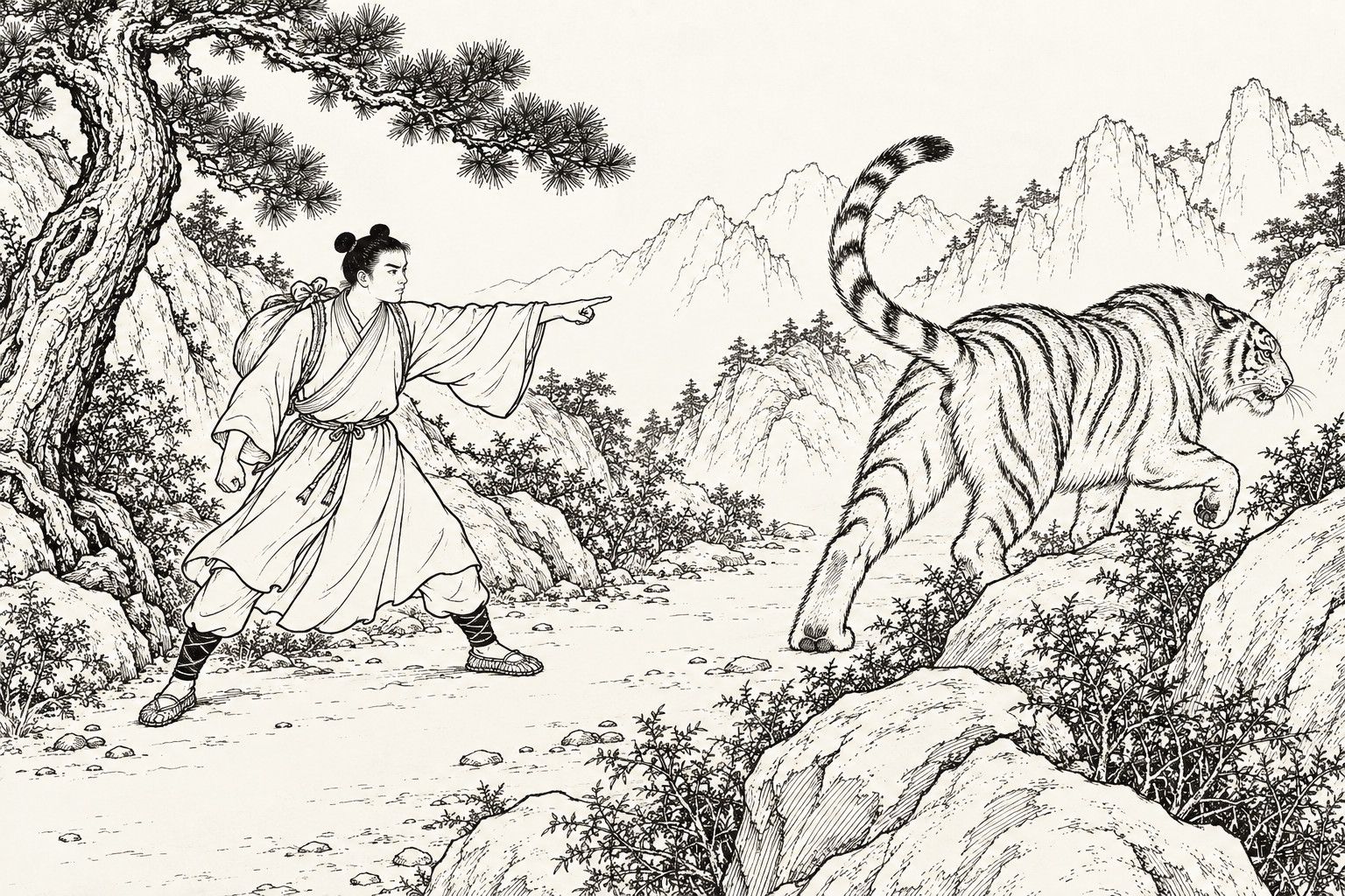 A line drawing in the manner of a late-Qing lithographed edition: on a rocky mountain path among thorn bushes and a pine, a young traveller with a bundle on his back points sternly at a large tiger that turns away with its tail raised.