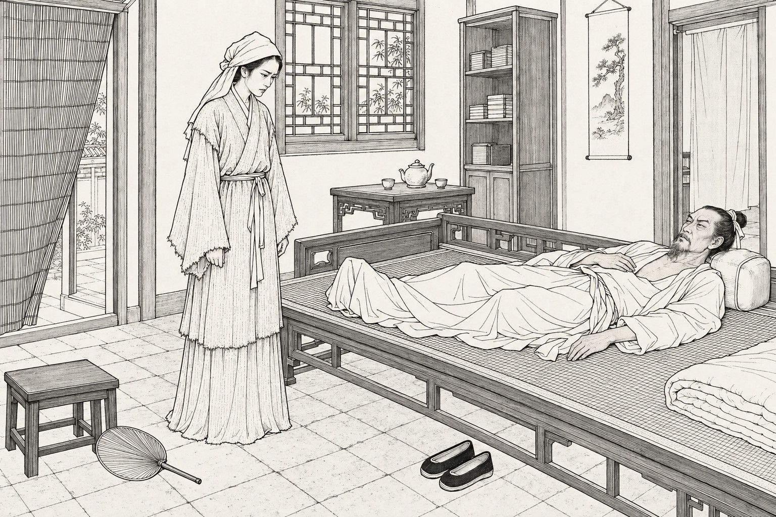 A line drawing in the manner of a late-Qing lithographed edition: on a summer afternoon in a scholar's bedroom, a pale, grave woman in a white head cloth and coarse hemp mourning clothes stands beside a bamboo-mat couch and looks down at an old man lying on it with his eyes narrowed to slits, feigning sleep, with a lifted bamboo door curtain, a fallen palm-leaf fan, a latticed window, a bookcase and a small tea table around them.
