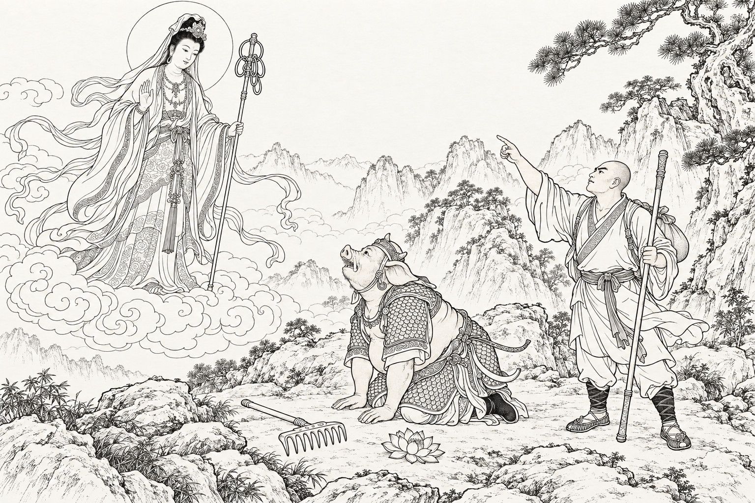 A line drawing in the manner of a late-Qing lithographed edition: on a wild mountain, the haloed Bodhisattva Guanyin stands on a low cloud, one hand raised in blessing and the other holding a ringed monk’s staff; below her the pig-headed monster, in a helmet and scale armour with a bow at his waist, kneels with his hands on the ground and his snout lifted to her, his nine-toothed rake flung down beside him and a fallen lotus flower on the ground, while her disciple Hui’an, shaven-headed, with a bundle on his back and an iron staff in his hand, points up at her.