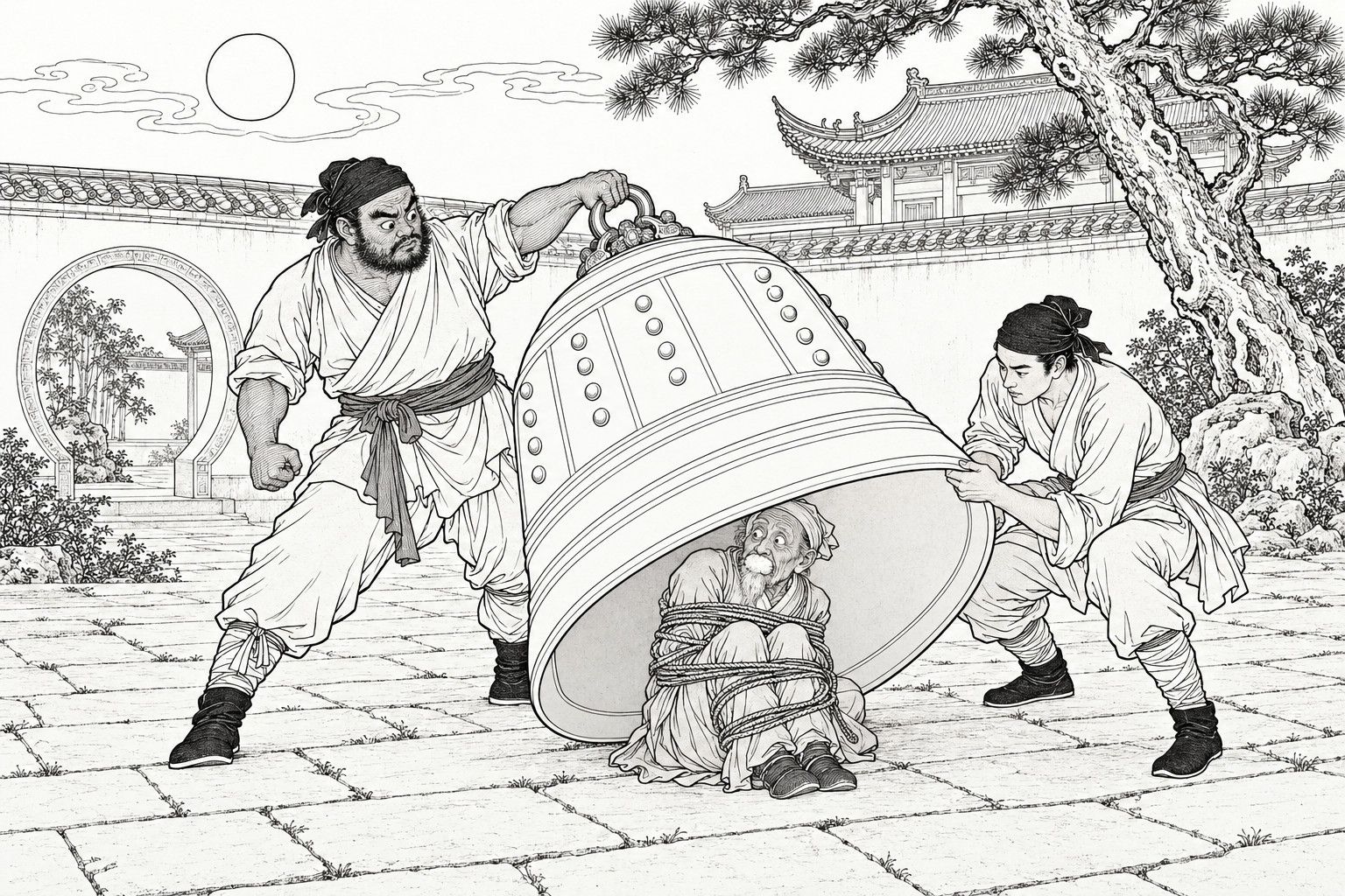 A line drawing in the manner of a late-Qing lithographed edition: by moonlight in the back courtyard of Tiexian Temple, Zhao Hu hauls a great bronze bell over by the loop on its top while Zhang Long heaves up its rim, uncovering the faithful servant Tian Zhong, bound with ropes and gagged with cotton.