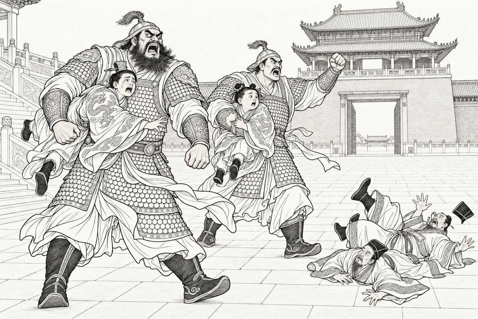 A line drawing in the manner of a late-Qing lithographed edition: in the palace courtyard before the gate tower, two giant armoured generals roar as they stride off, each carrying a frightened young prince under one arm, while two court officials lie sprawled on the paving at the right, their caps knocked off.