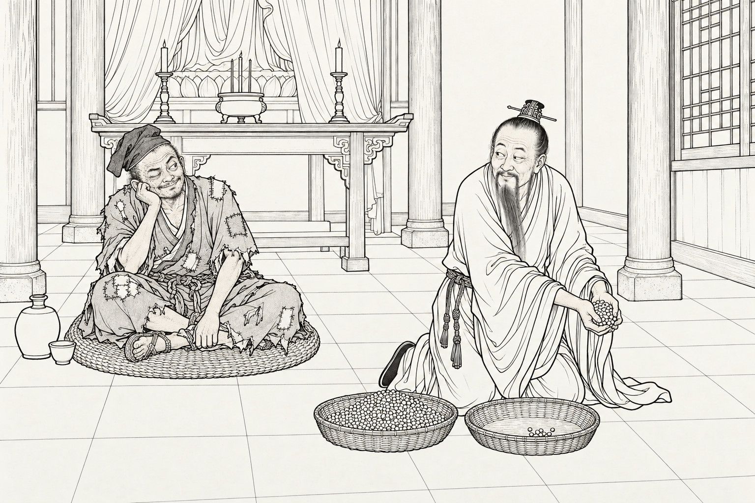A line drawing in the manner of a late-Qing lithographed edition: in the bare hall of a Daoist temple, a ragged monk sits cross-legged on a rush cushion with his chin on his hand, one eye winking, while a kneeling Daoist with a topknot and a long beard carries a handful of beans from a heaped basket toward an almost empty one; a wine jar and a cup stand beside the monk.