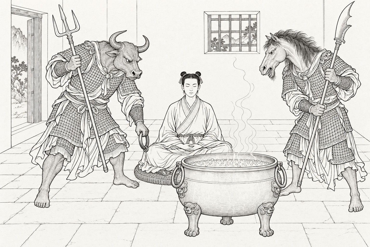 A line drawing in the manner of a late-Qing lithographed edition: in a bare room, a young Daoist sits cross-legged with eyes closed, perfectly still, before a great cauldron of boiling oil, while an ox-headed and a horse-headed guard in scale armour, one holding a trident and the other a halberd, lean toward him.
